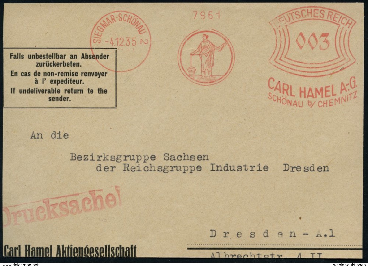 1935 (4.12.) SIEGMAR-SCHÖNAU, Absender-Freistempel, Motiv Römerin In Toga Mit Spindel, Bedarfs-Vorderseite - Römische Ge - Other & Unclassified