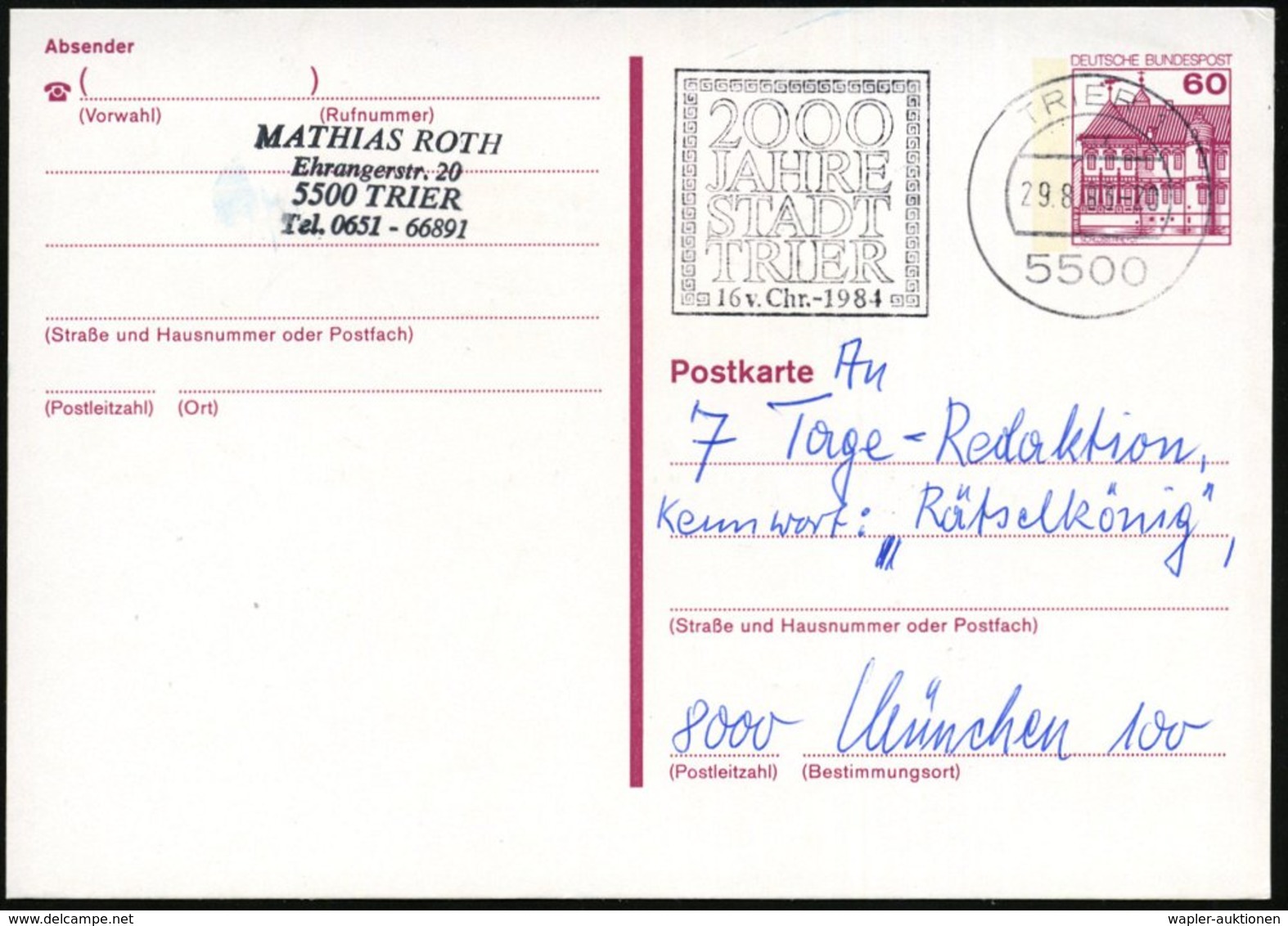 1983 5500 TRIER 1, Maschinen-Werbestempel 2000 Jahre Trier Auf Bedarfskarte (Bo.67 A) - Römische Geschichte & Kultur / R - Other & Unclassified