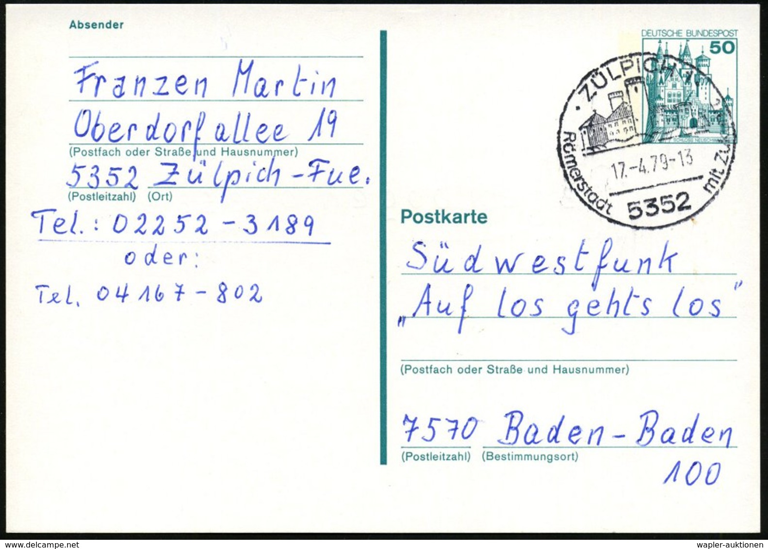 1979 5352 ZÜLPICH 1, Handwerbestempel Römerstadt.. (Ortsbild Mit Festungstürmen, Bedarfskarte (Bo.4) - Römische Geschich - Other & Unclassified