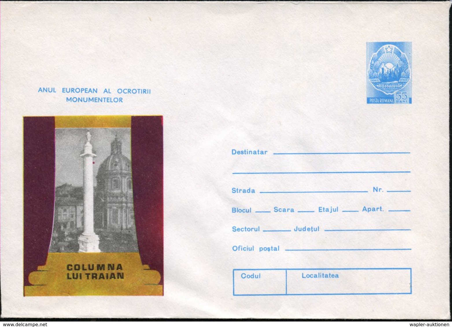 1975 RUMÄNIEN, 55 B. Ganzsachenumschlag: Trajanssäule U. Petersdom (= Europ. Denkmalschutzjahr), Ungebr. (Mi.U 647) - Rö - Other & Unclassified