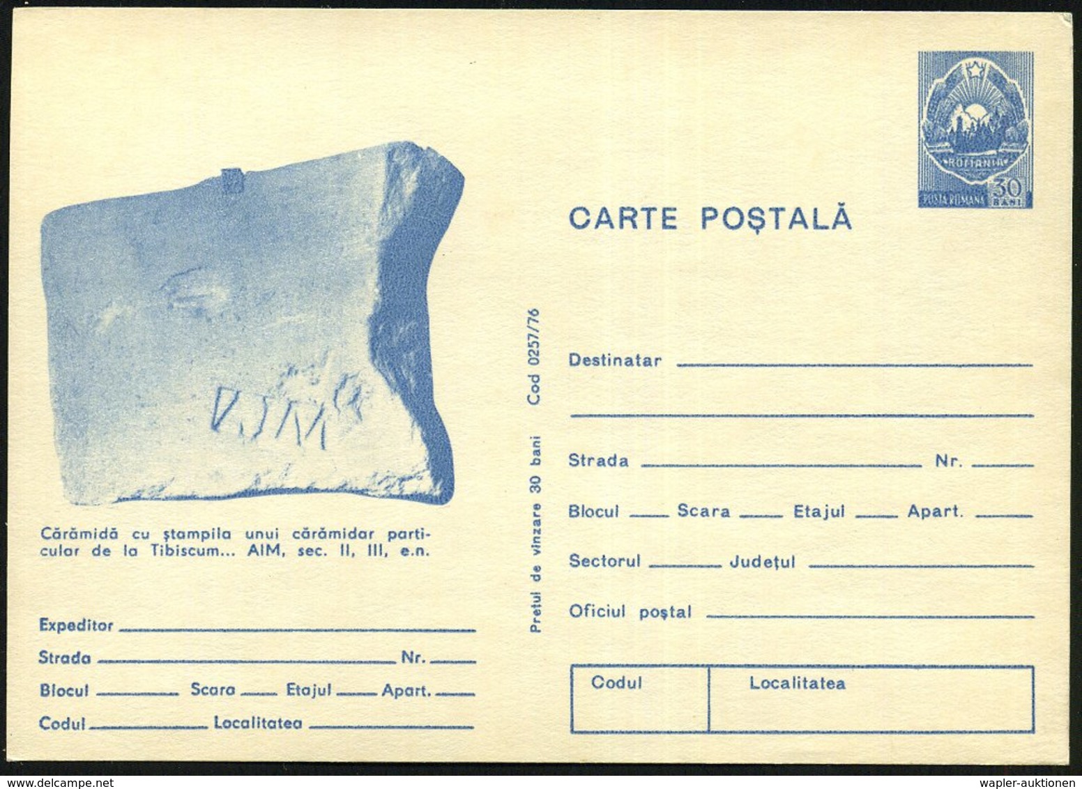 1976 RUMÄNIEN, 30 B. Bildpostkarte: Steinfragment Mit Buchstaben AIM Aus Tibiscum, Ungebr. (Mi.P 723) - Römische Geschic - Other & Unclassified