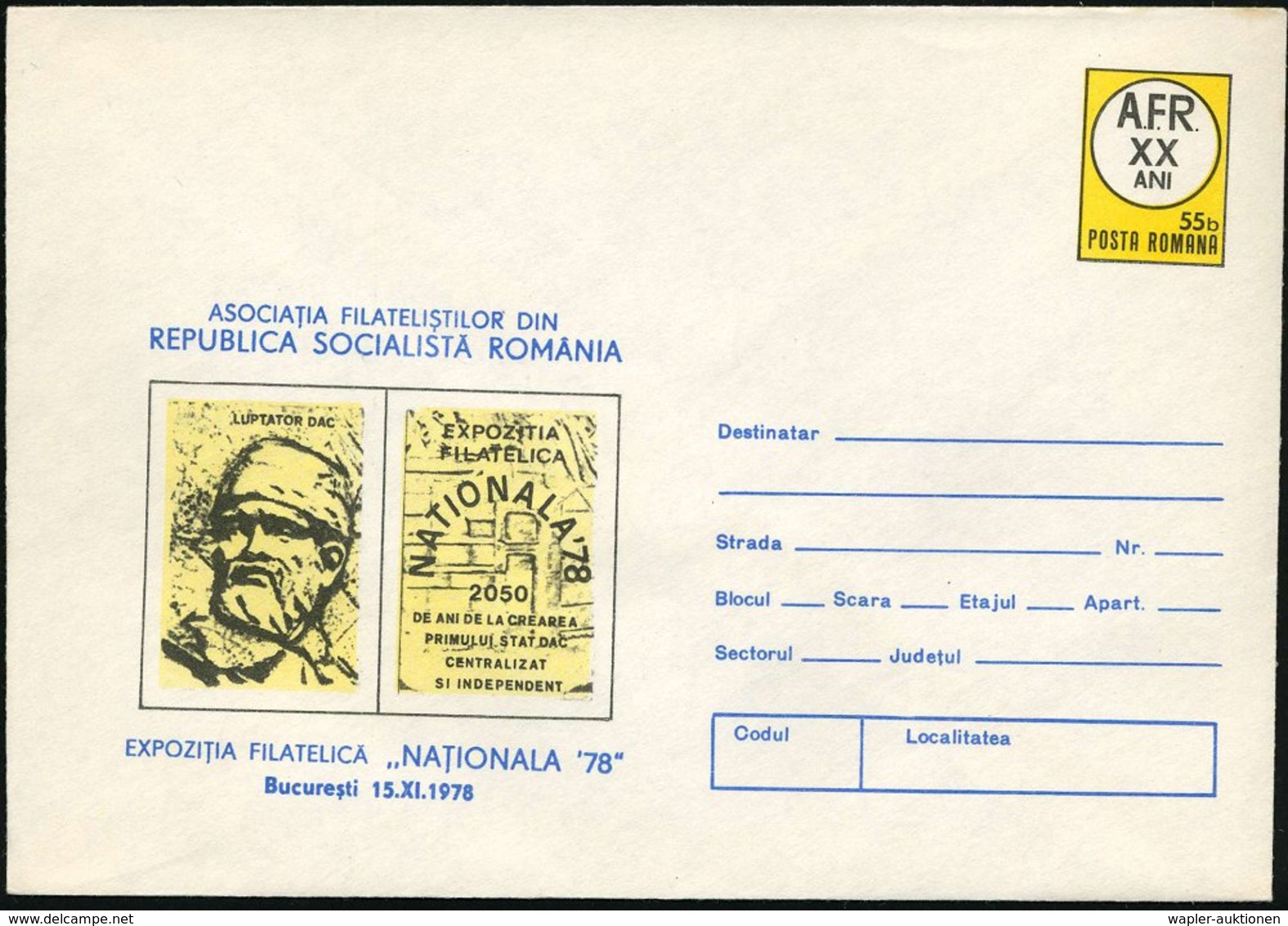 1978 RUMÄNIEN, 55 B. Sonderumschlag "NATIONALA 78" (2050 Jahre Dakien) = Dakischer Kopf, Ungebr. (Mi.U 967-04) - Römisch - Other & Unclassified