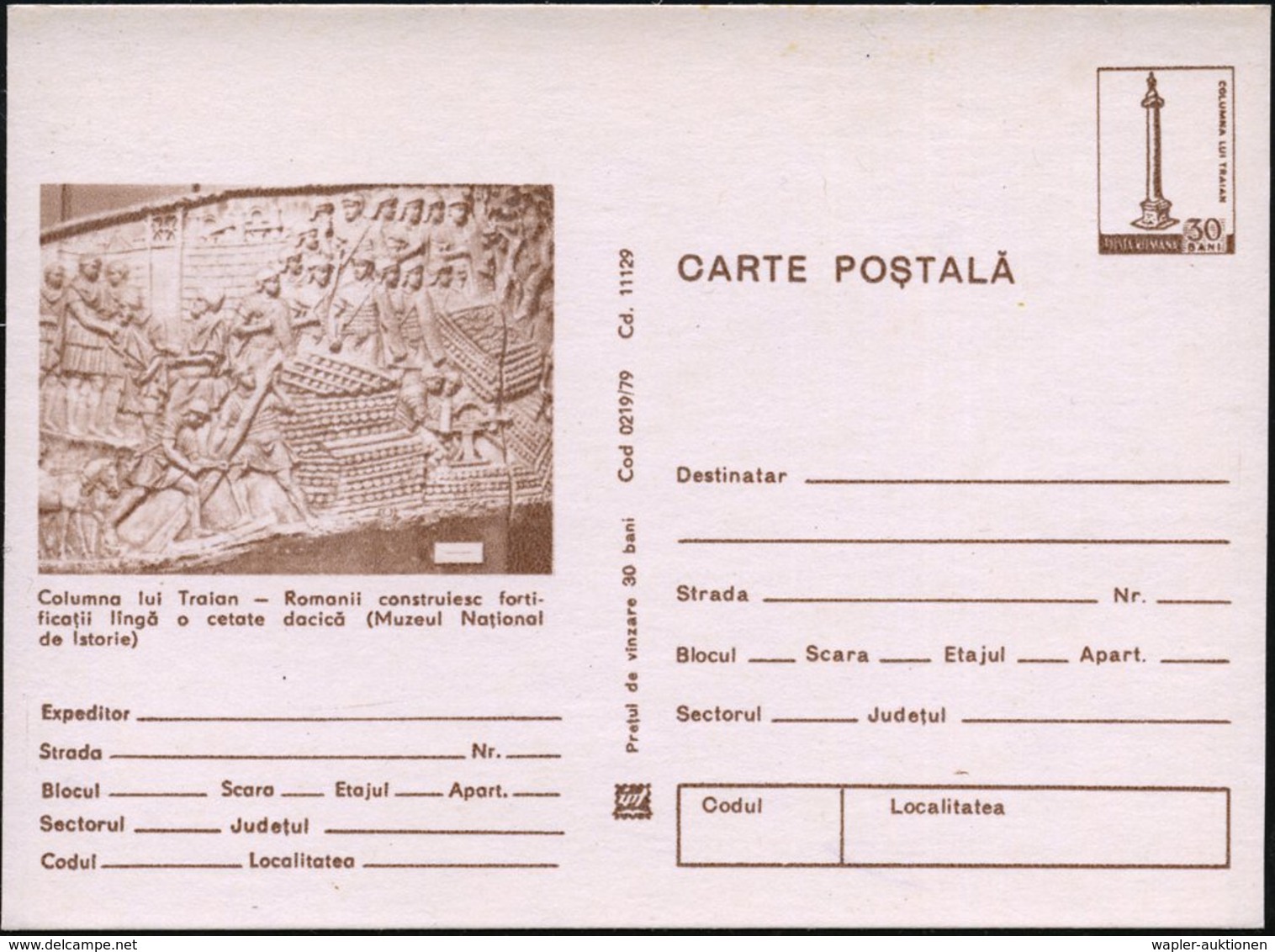 1979 RUMÄNIEN, 30 B. Tranjanssäule:  Röm. Legionäre Bauen Ein Kastell, Ungebr. (Mi.P 823) - Römische Geschichte & Kultur - Other & Unclassified