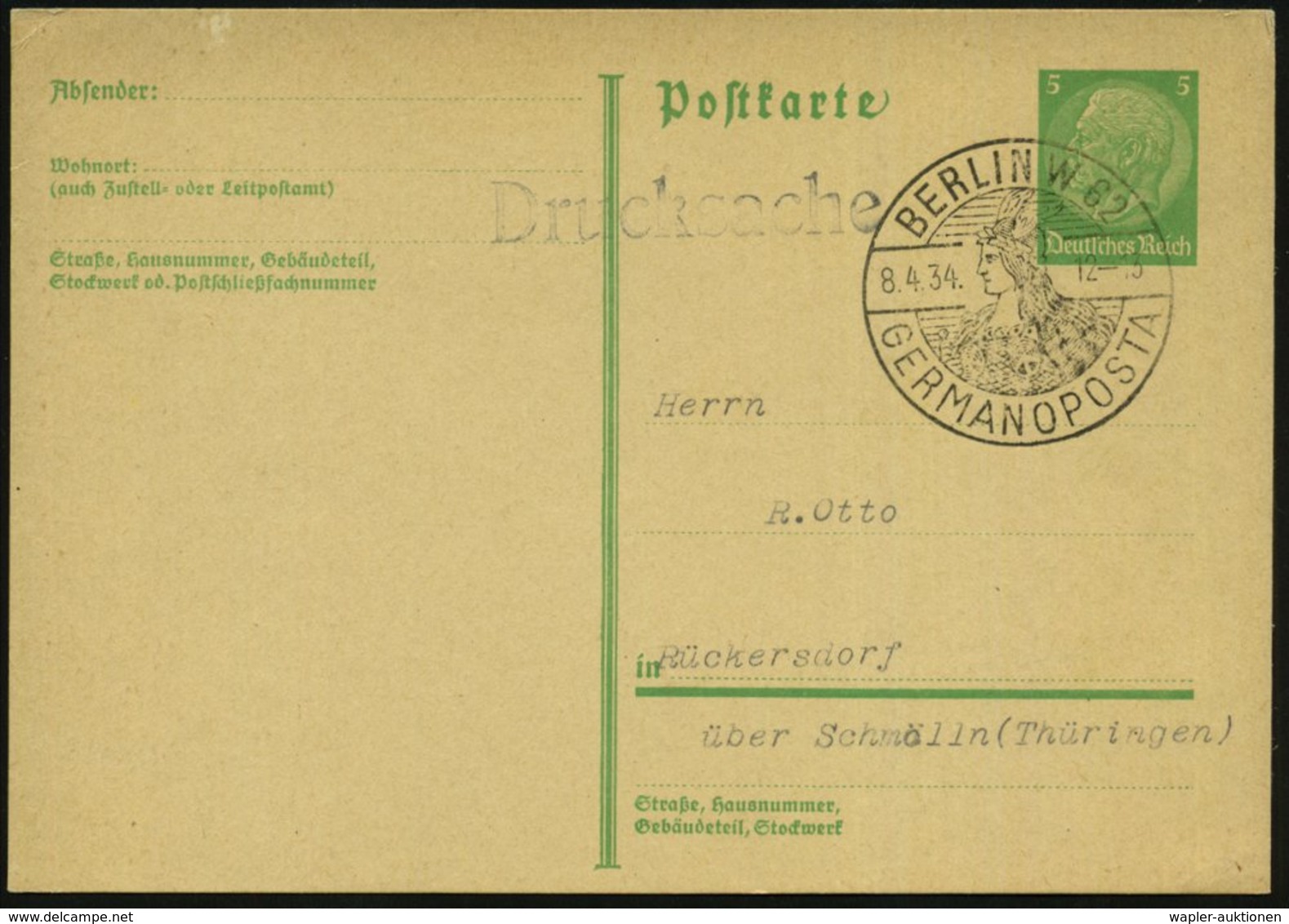 1934 (8.4.) BERLIN W 62, Sonderstempel GERMANOPOST = Germania Mit Flügelhelm, Inl.-Karte (Bo.146) - Germanen & Kelten /  - Other & Unclassified
