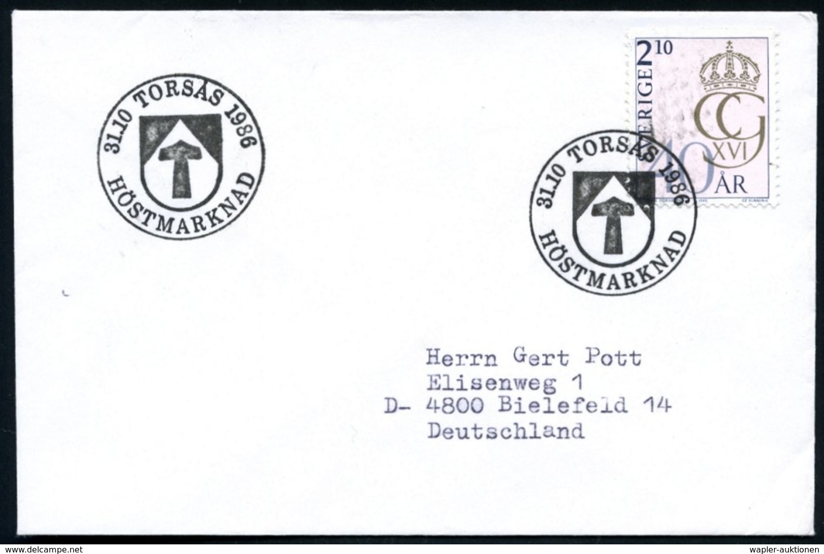 1986 (31.10.) SCHWEDEN, Sonderstempel Von 3110 TORSAS, Wappen Mit Hammer (Mjölner) Des Gottes Donar/ Thor, Ausl.-Brief - - Other & Unclassified