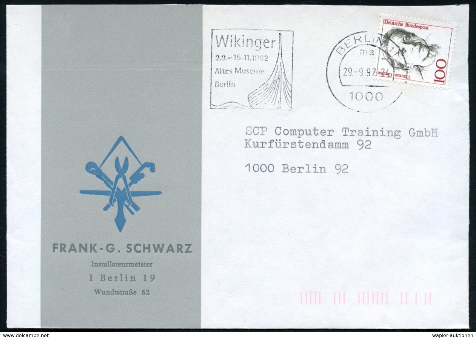 1992 1000 BERLIN 11, Maschinen-Werbestempel Wikinger-Ausstellung Altes Museum (Bug Eines Wikingerschiffes), Bedarfsbrief - Sonstige & Ohne Zuordnung