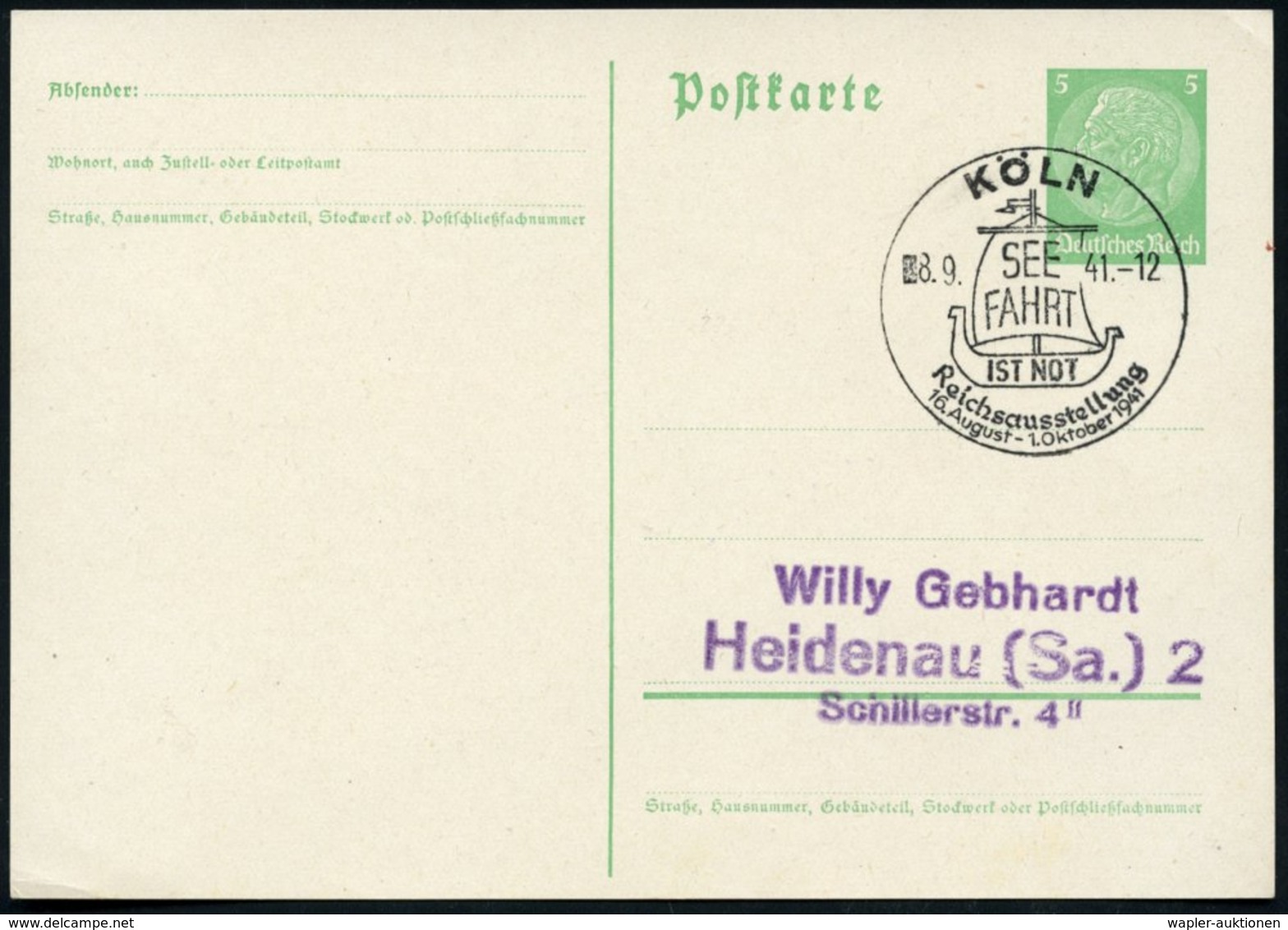 1941 (8.9.) KÖLN, Seltener Sonderstempel SEEFAHRT IST NOT = Wikingerschiff, Drs.-Karte (Bo.51) - Wikinger / Vikings / Le - Other & Unclassified