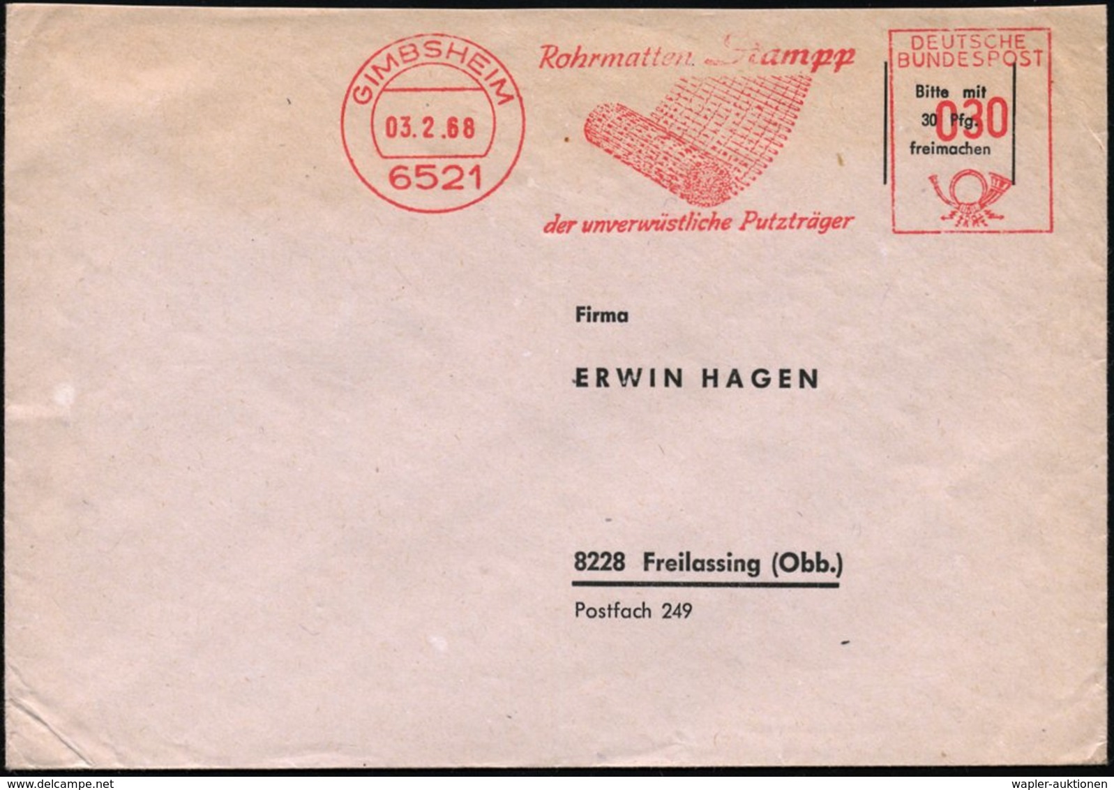 1968 (3.2.) 6521 GIMBSHEIM, Absender-Freistempel Mit Motiv Rohrmatten-Putzträger, Firmenbrief - Architektur, Architekten - Other & Unclassified