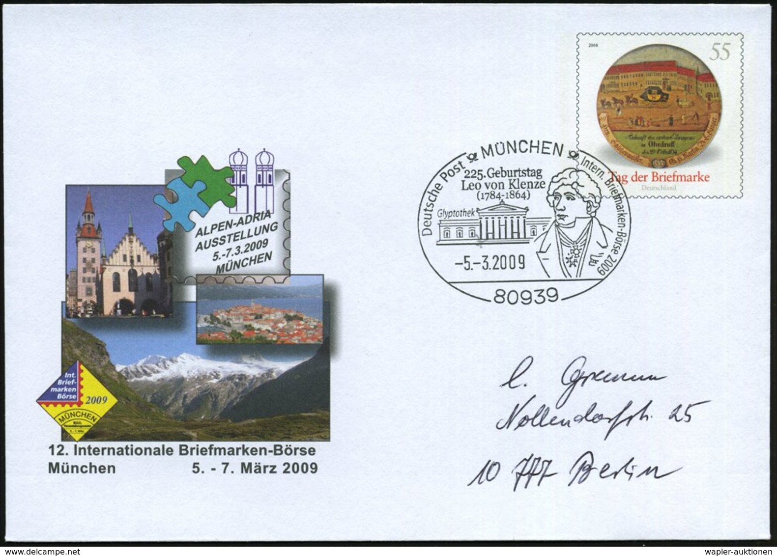 2009 (5.3.) 80939 MÜNCHEN, Sonderstempel 225. Geburtstag Leo Von Klenze (Brustbild U. Glyptothek) Auf 55 C. Sonderumschl - Autres & Non Classés