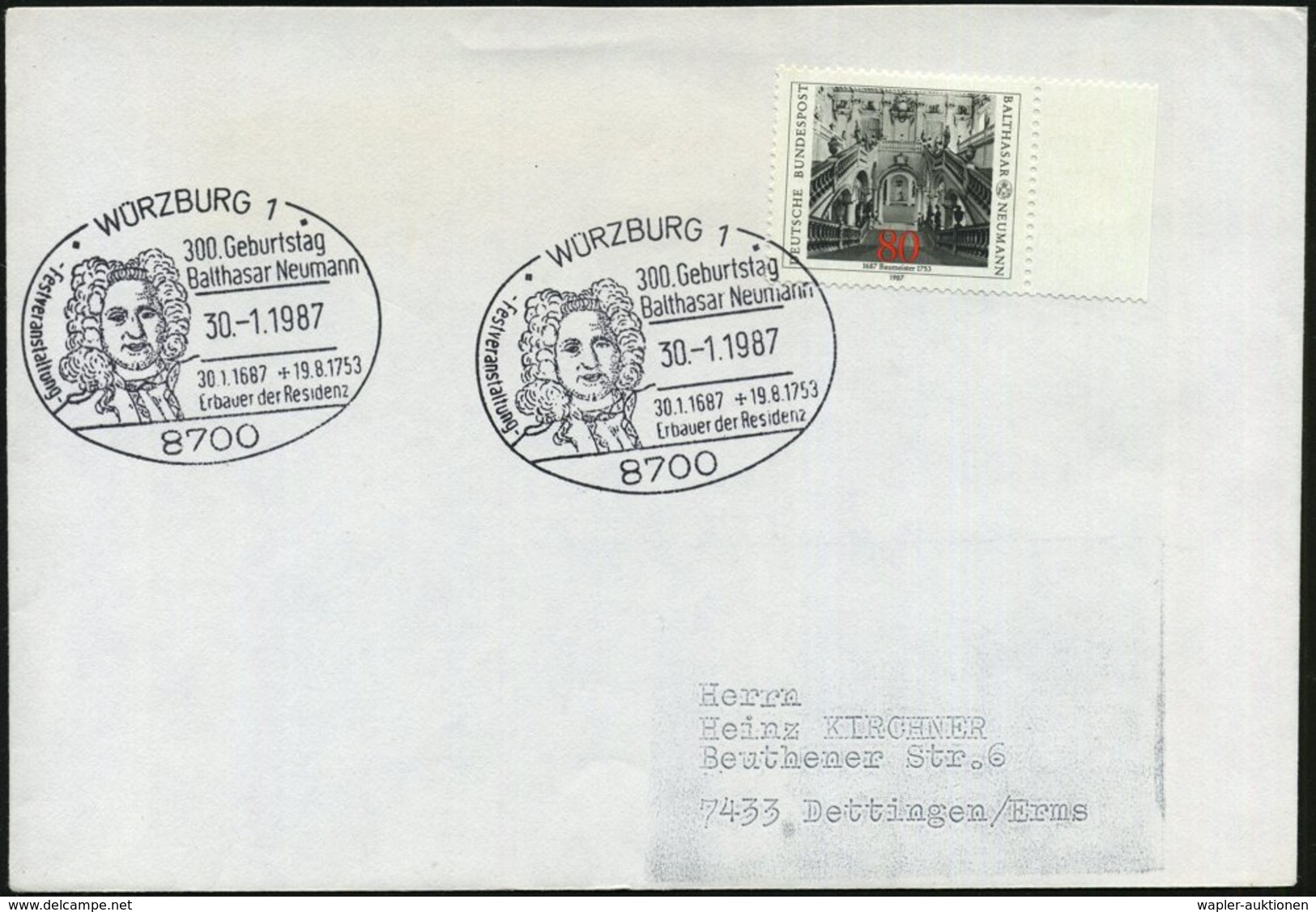 1987 (30.1.) 8700 WÜRZBURG 1, Sonderstempel 300. Geburtstag B. (Brustbild), Inl.-Karte - Architektur, Architekten, Baust - Andere & Zonder Classificatie