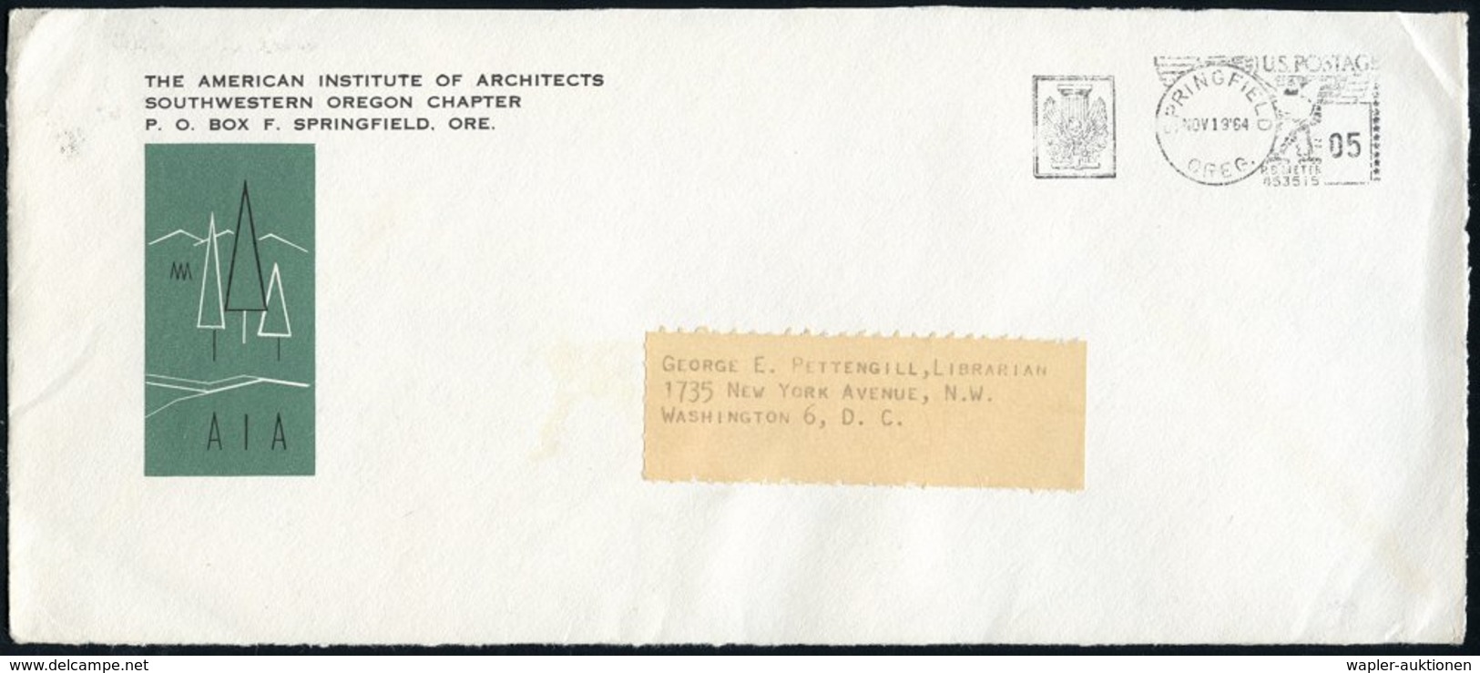 1964 (1.11.) U.S.A., Schwarzer Absender-Freistempel SPRINGFIELD, OREG. Ohne Text Mit Adler Vor Säule = The American Inst - Other & Unclassified