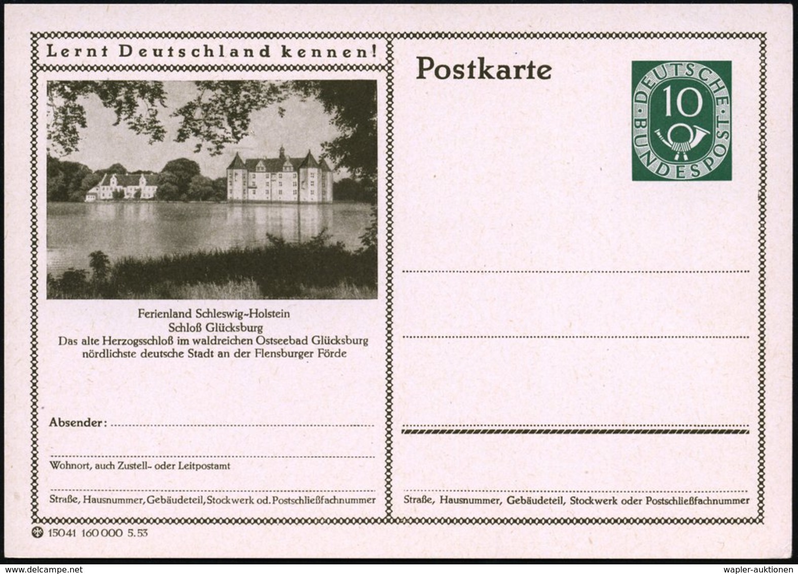 1953 Glücksburg, 10 Pf. Bildpostkarte Posthorn: Wasserschloß Glücksburg (1582 Friedr. II, Dänischer König), Berühmtes Mu - Other & Unclassified