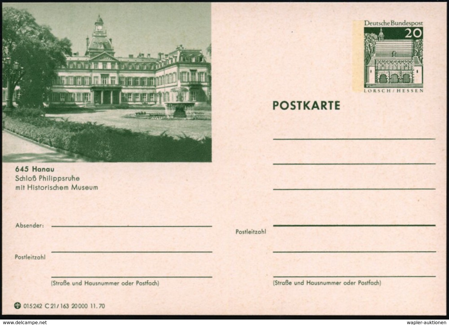 1970 645 HANAU, 20 Pf. Bildpostkarte Lorsch: Barock-Schloß Philipsruhe (histor. Museum U. Papiermuseum), Ungebr. (Mi.P 9 - Other & Unclassified