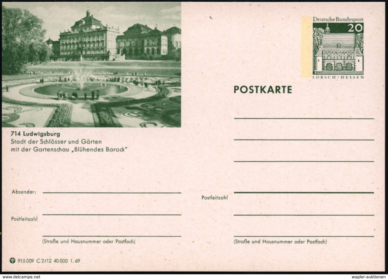 1969 714 LUDWIGSBURG, 20 Pf. Bildpostkarte Lorsch: Barockschloß U. Garten, 2 Verschiedene Belege, Ungebr. (Mi.P 99/C-2-1 - Other & Unclassified