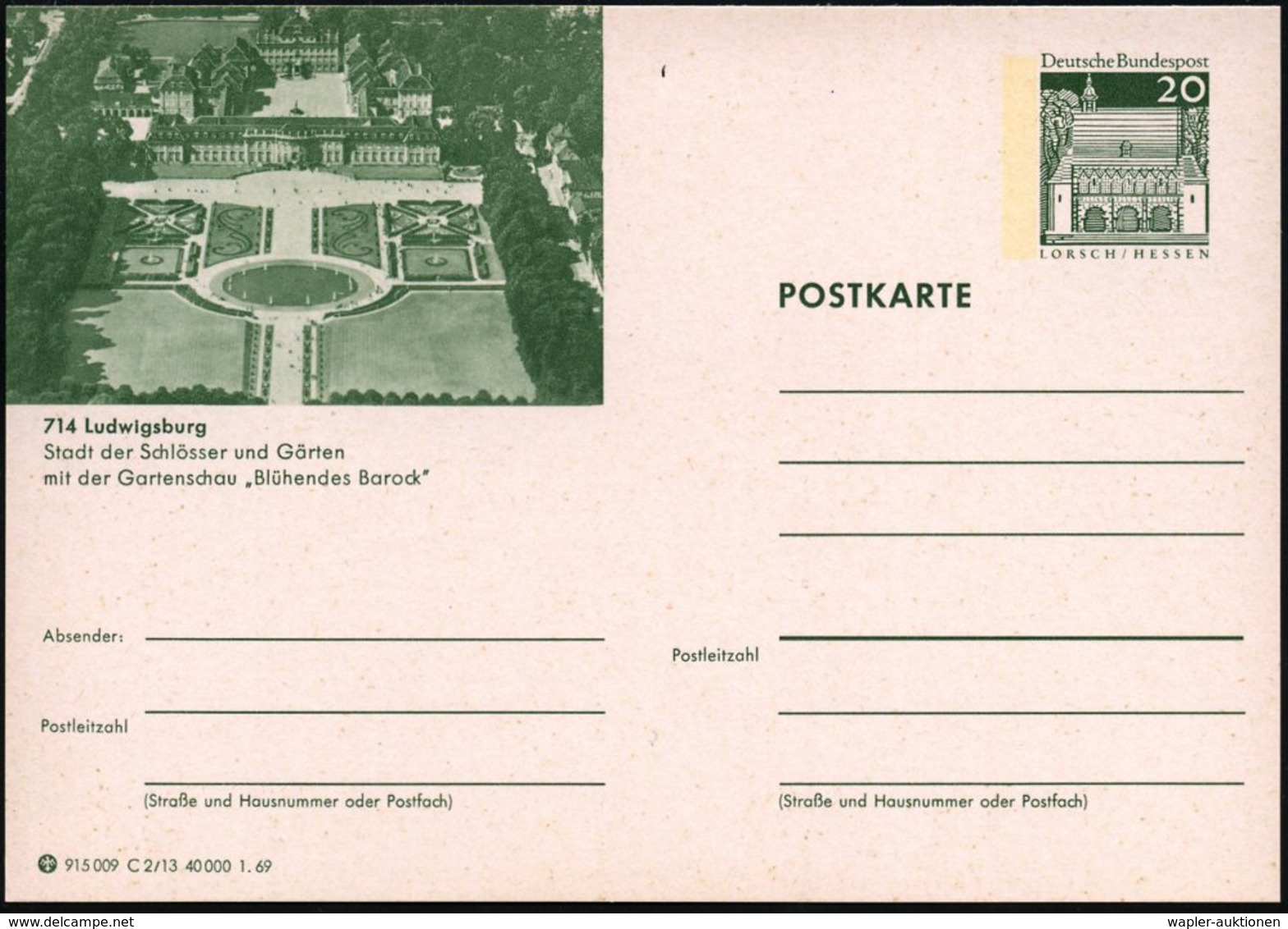 1969 714 LUDWIGSBURG, 20 Pf. Bildpostkarte Lorsch: Barockschloß U. Garten, 2 Verschiedene Belege, Ungebr. (Mi.P 99/C-2-1 - Autres & Non Classés