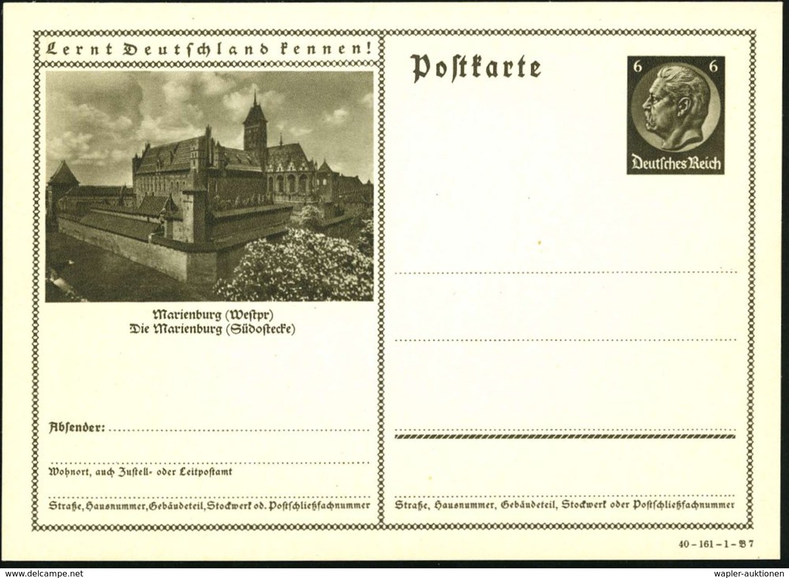 1940 Marienburg (Westpr), 6 Pf. Bildpostkarte Hindenburg: Marienburg, Ungebr. (Mi.P 236/40-161-B 7) - Burgen, Schlösser  - Other & Unclassified