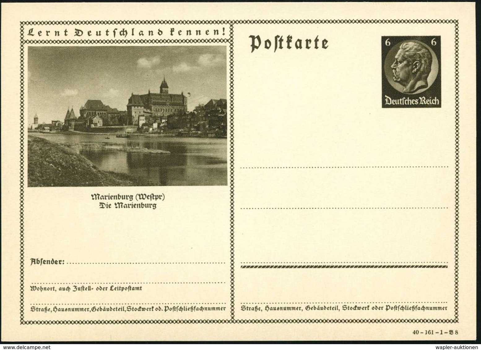 1940 Marienburg (Westpr), 6 Pf. Bildpostkarte Hindenburg: Marienburg, Ungebr. (Mi.P 236/40-161-B 8) - Burgen, Schlösser  - Altri & Non Classificati