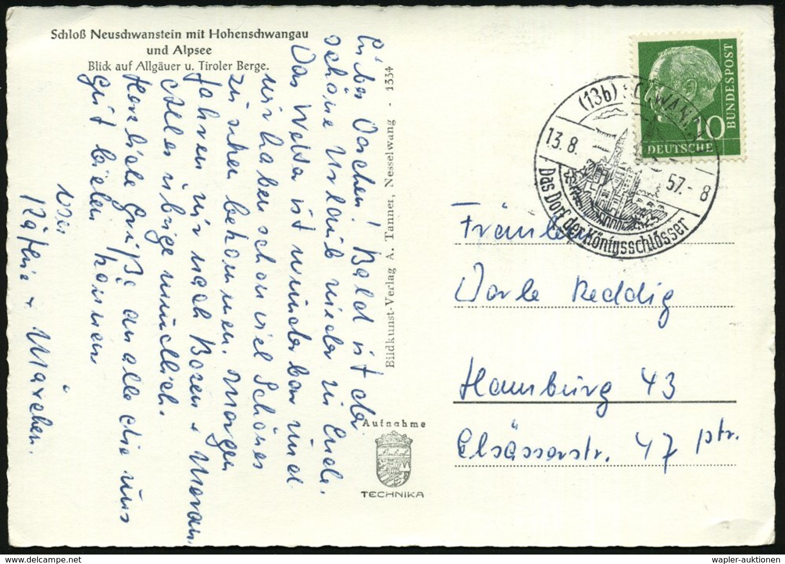 1957 (13.8.) (13 B) SCHWANGAU, Handwerbestempel Mit Schloß Neuschwanstein Ludwigs II., Motivgleiche S/w.-Bedarfs-Ak. (Bo - Other & Unclassified