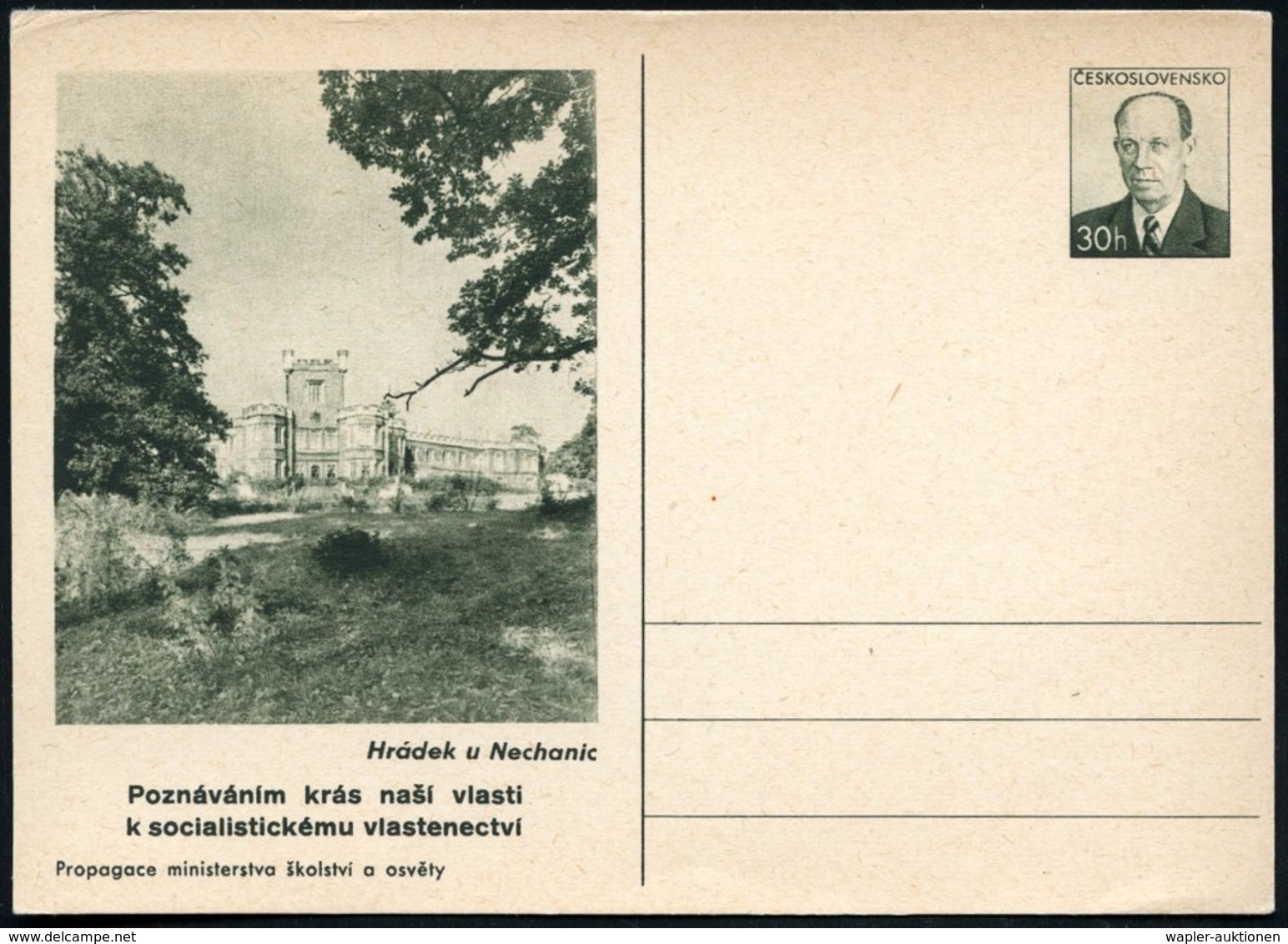 1953 TSCHECHOSLOWAKEI, 30 H. Bildpostkarte Zapatocky: Schloß Nechanic, Ungebr. (Pofis CDV.120/5) - Burgen, Schlösser & P - Other & Unclassified