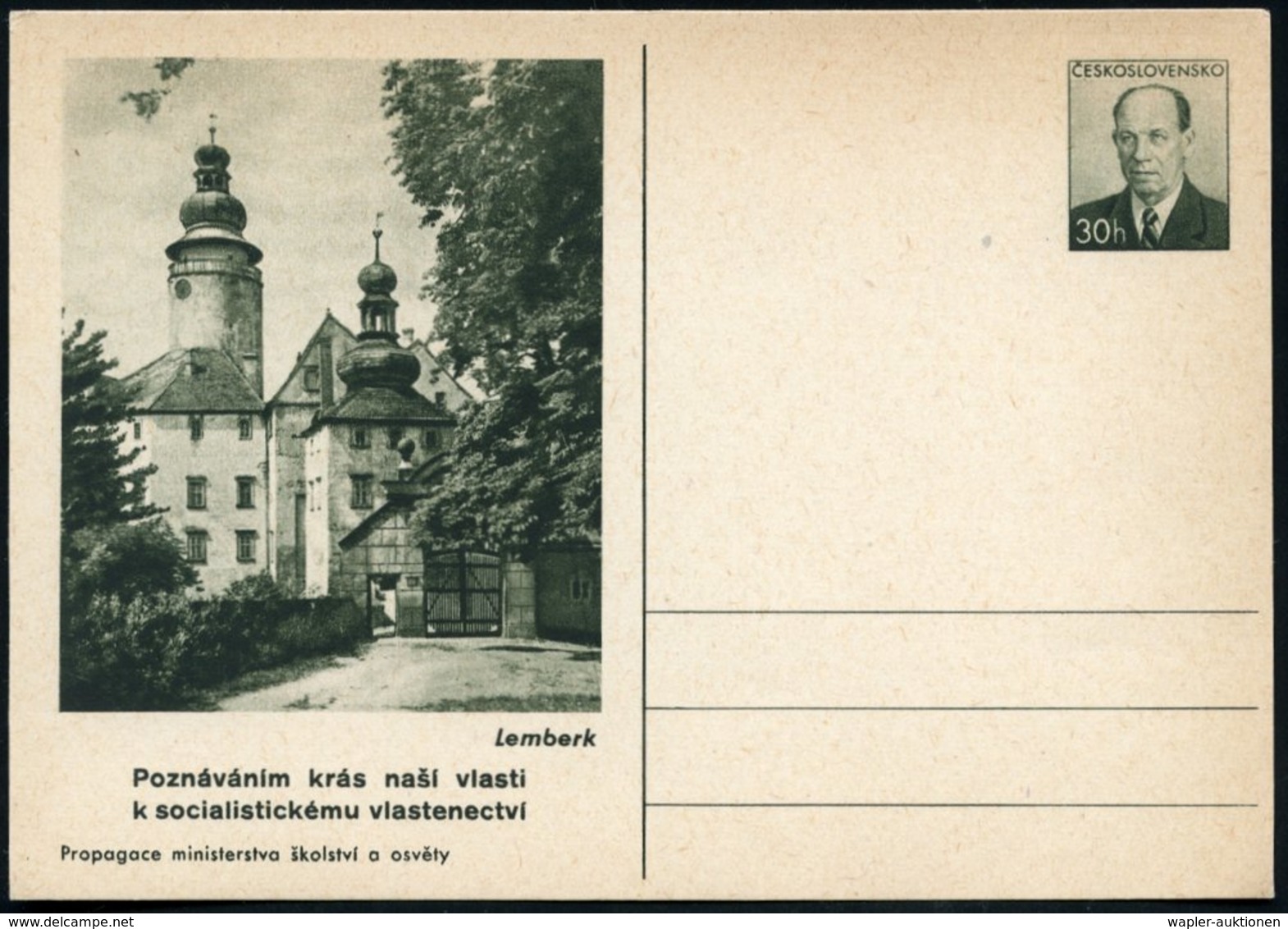 1953 TSCHECHOSLOWAKEI, 30 H. Bildpostkarte Zapatocky: Schloß Lemberk (13. Jhdt.) Mit Türmen, Ungebr. (Pofis CDV.120/14)  - Other & Unclassified