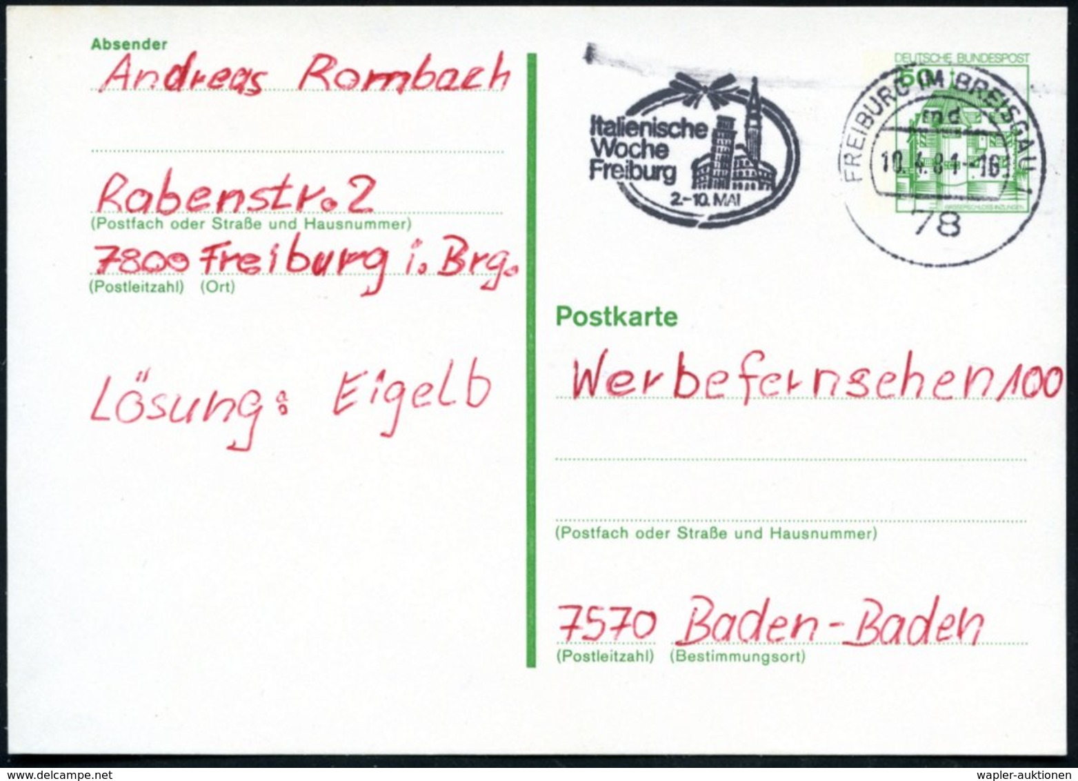 1981 (Apr.) 78 FREIBURG IM BREISGAU, Maschinen-Werbestempel Mit Rathaus U. Schiefer Turm Von Pisa, Bedarfskarte (Bo.98 A - Other & Unclassified