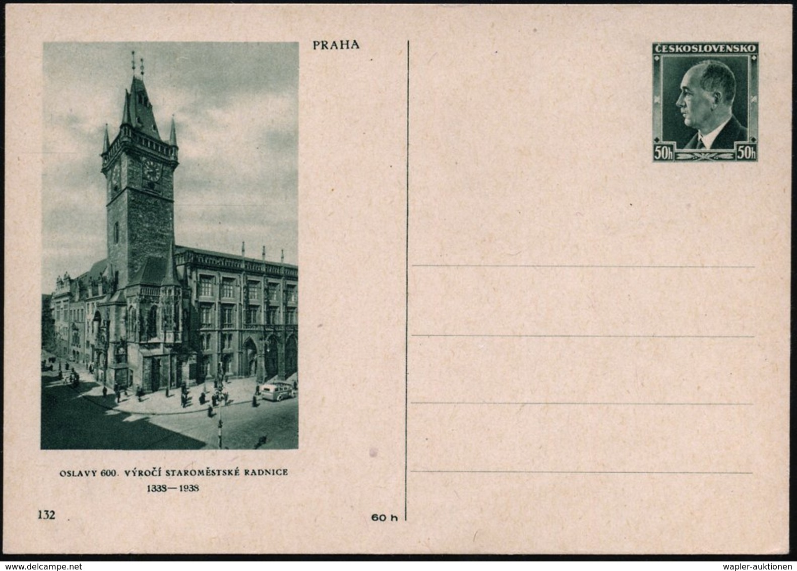 1938 TSCHECHOSLOWAKEI, 50 H. Bildpostkarte Benesch: 600 Jahrfeier Prager Rathaus (Uhrturm) 1338-1938, Ungebr. (Pofis CDV - Other & Unclassified