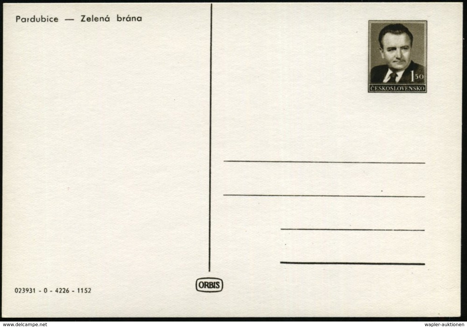 1953 TSCHECHOSLOWAKEI, 1,50 Kc.. Bildpostkarte Gottwald: Pardubice, Zelena Brana (Uhrturm), Ungebr. (Pofis CPH.34/28) -  - Autres & Non Classés