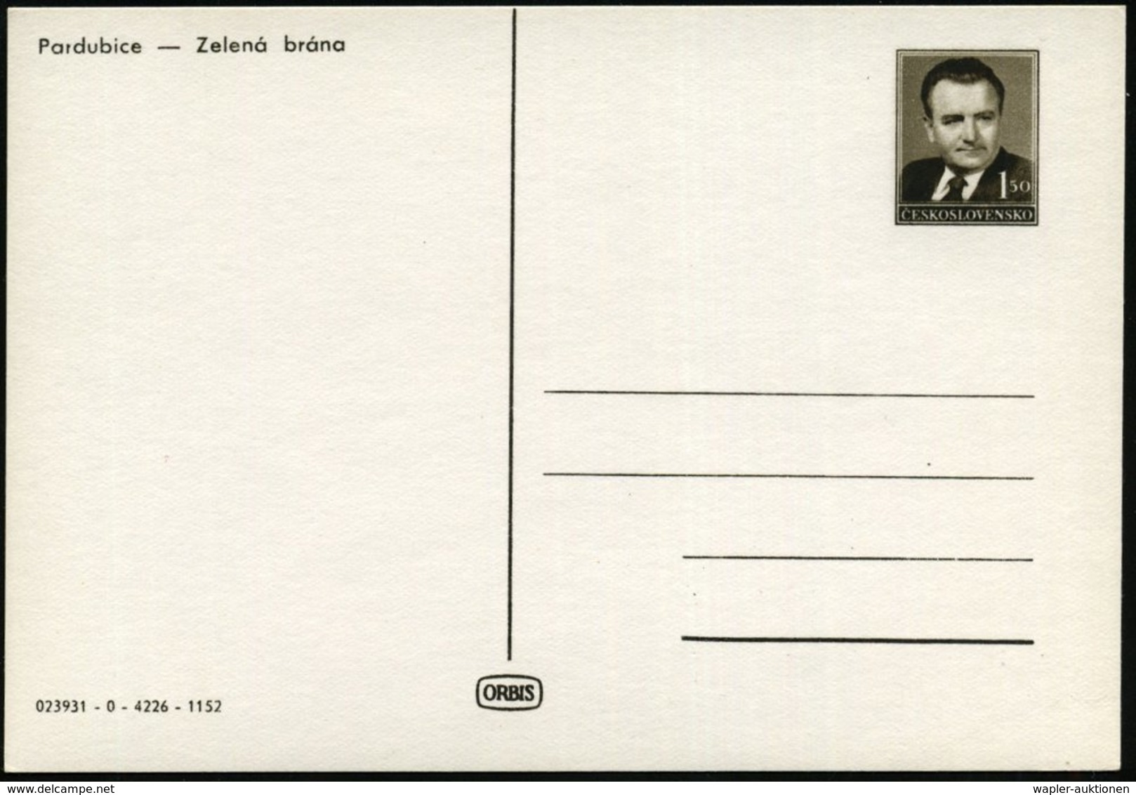 1953 TSCHECHOSLOWAKEI, 1,50 Kc.. Bildpostkarte Gottwald: Pardubice, Zelena Brana (Uhrturm), Ungebr. (Pofis CPH.34/28) -  - Other & Unclassified