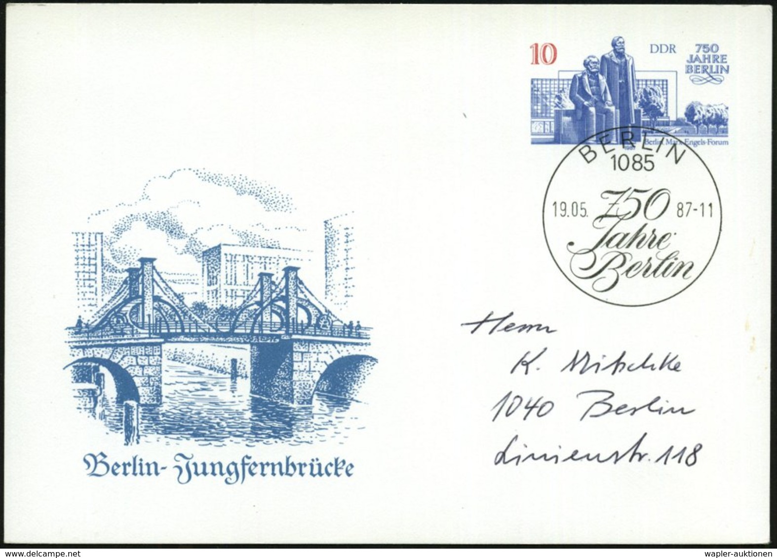 1987 1085 BERLIN, 10 Pf. Sonder-Ganzsache "750 Jahre Berlin" (Marx-Engels-Forum) Mit Jungfernbrücke, Je Ungebr. Und Mit  - Sonstige & Ohne Zuordnung