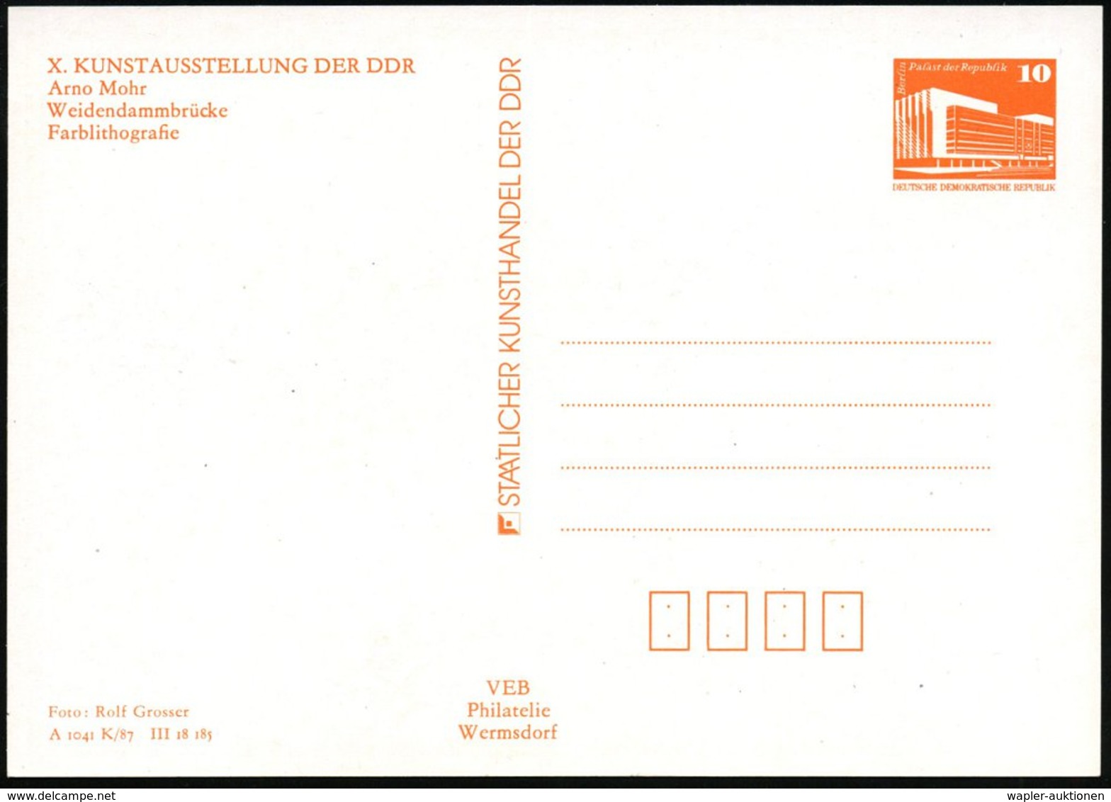 1987 BERLIN MUSEUMSINSEL, PP 10 Pf. Palast Der Republik: Weidendammer Und Montbijou-Brücke (u. Bode-Museum) = Farblithog - Sonstige & Ohne Zuordnung