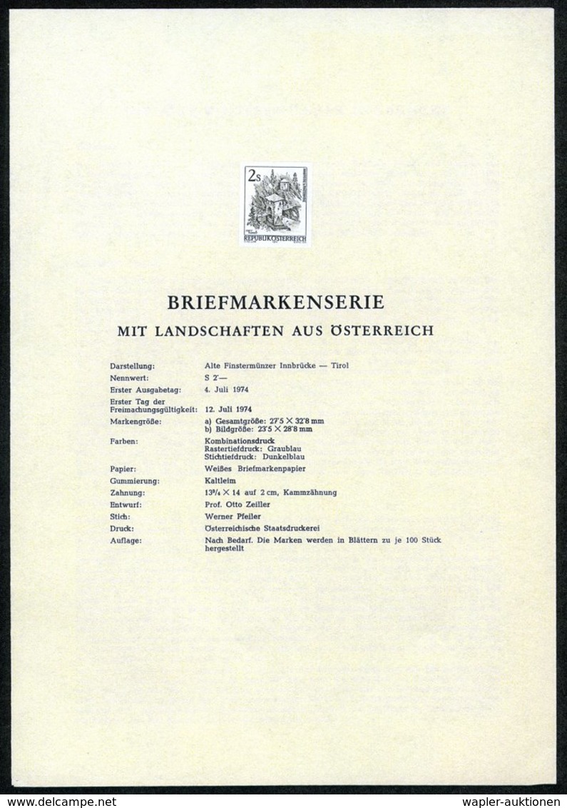 1974 ÖSTERREICH, 2 S. Alte Finstermünzer Inn-Brücke, Ungez. Schwarzdruck Auf Amtl. Ankündigungsblatt Der Staatsdruckerei - Other & Unclassified