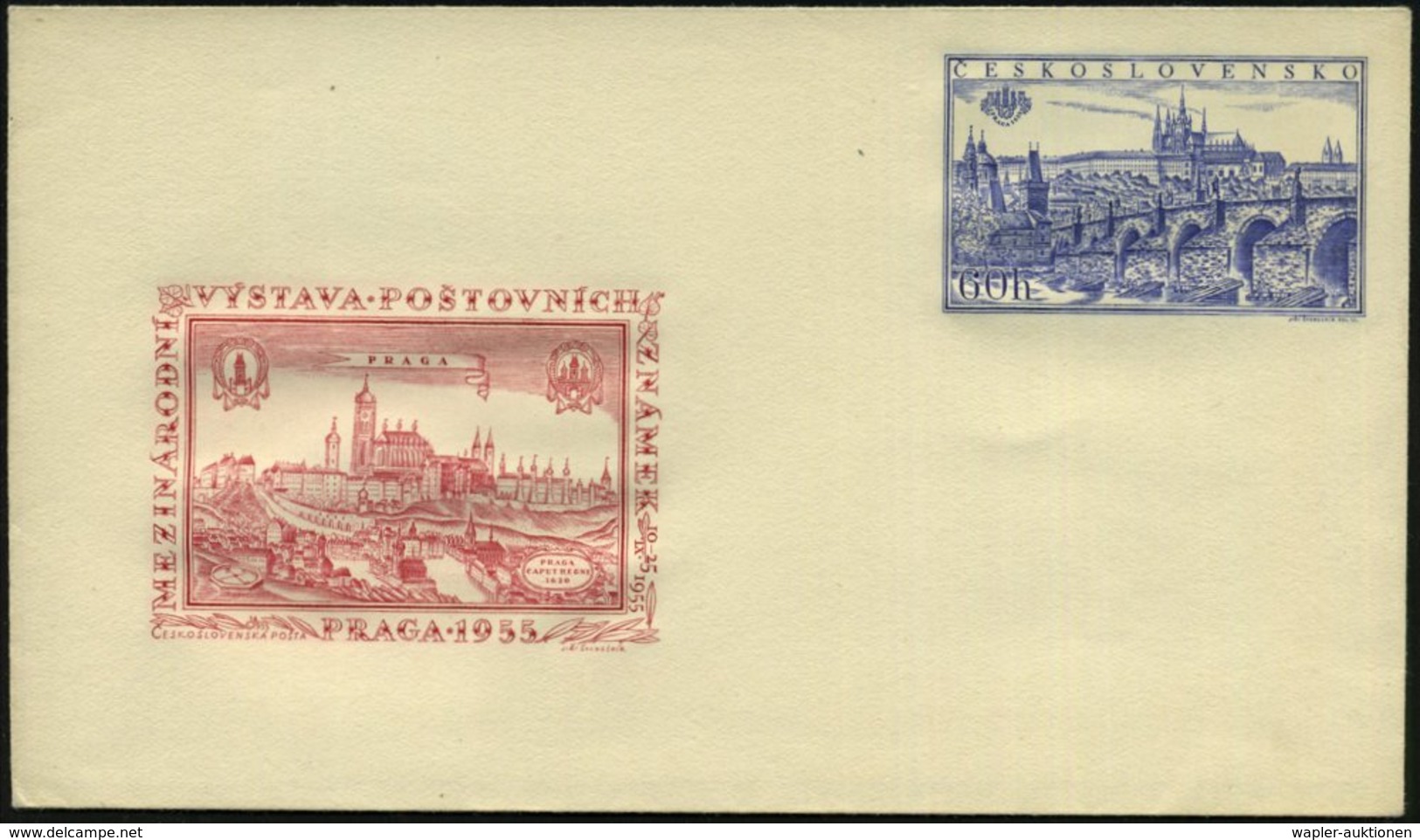 1955 TSCHECHOSLOWAKEI, 60 H. Sonderumschlag "Praga 55" = Karlsbrücke U. Prager Burg Etc., Ungebr. (Mi.U 9) - Brücken / B - Other & Unclassified