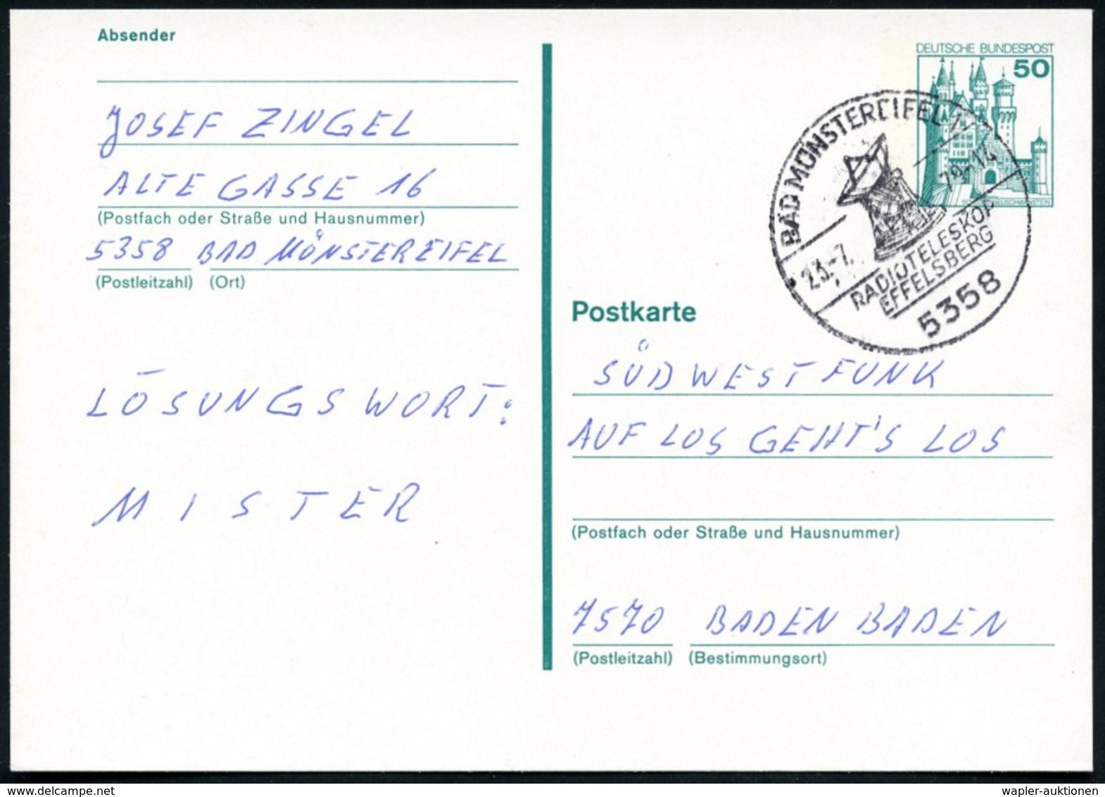 1979 5358 BAD MÜNSTEREIFEL 1, Handwerbestempel Radioteleskop Effelsberg, Bedarfskarte (Bo.1, Type II) - Astronomie / Ast - Other & Unclassified