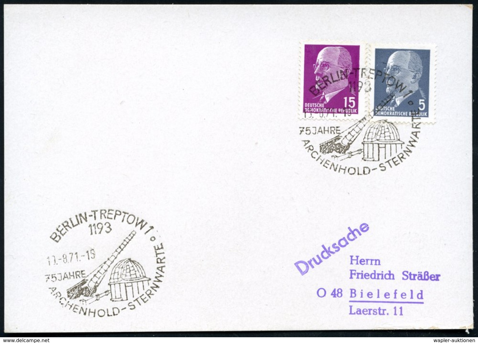 1971 (11.8.) 1193 BERLIN-TREPTOW, Sonderstempel Mit Fernrohr Der Archenhold-Sternwarte, 75 Jahre, Inl.-Karte - Astronomi - Other & Unclassified