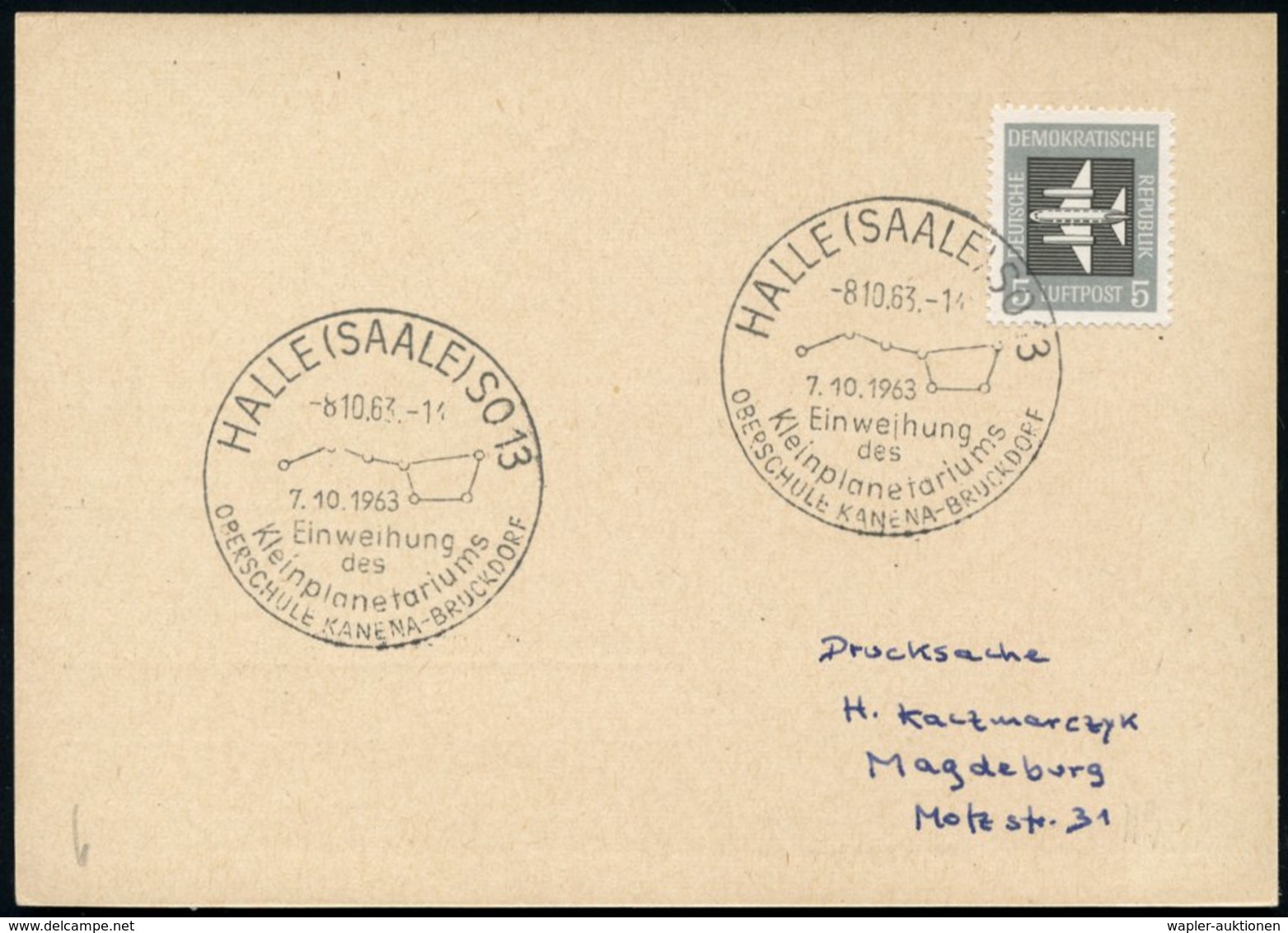 1963 (8.10.) HALLE (SAALE) SO 13, Sonderstempel Einweihung Klein-Planetarium (Sternbild "Gr. Wagen/  Gr. Bär"), Inl.-Kar - Other & Unclassified