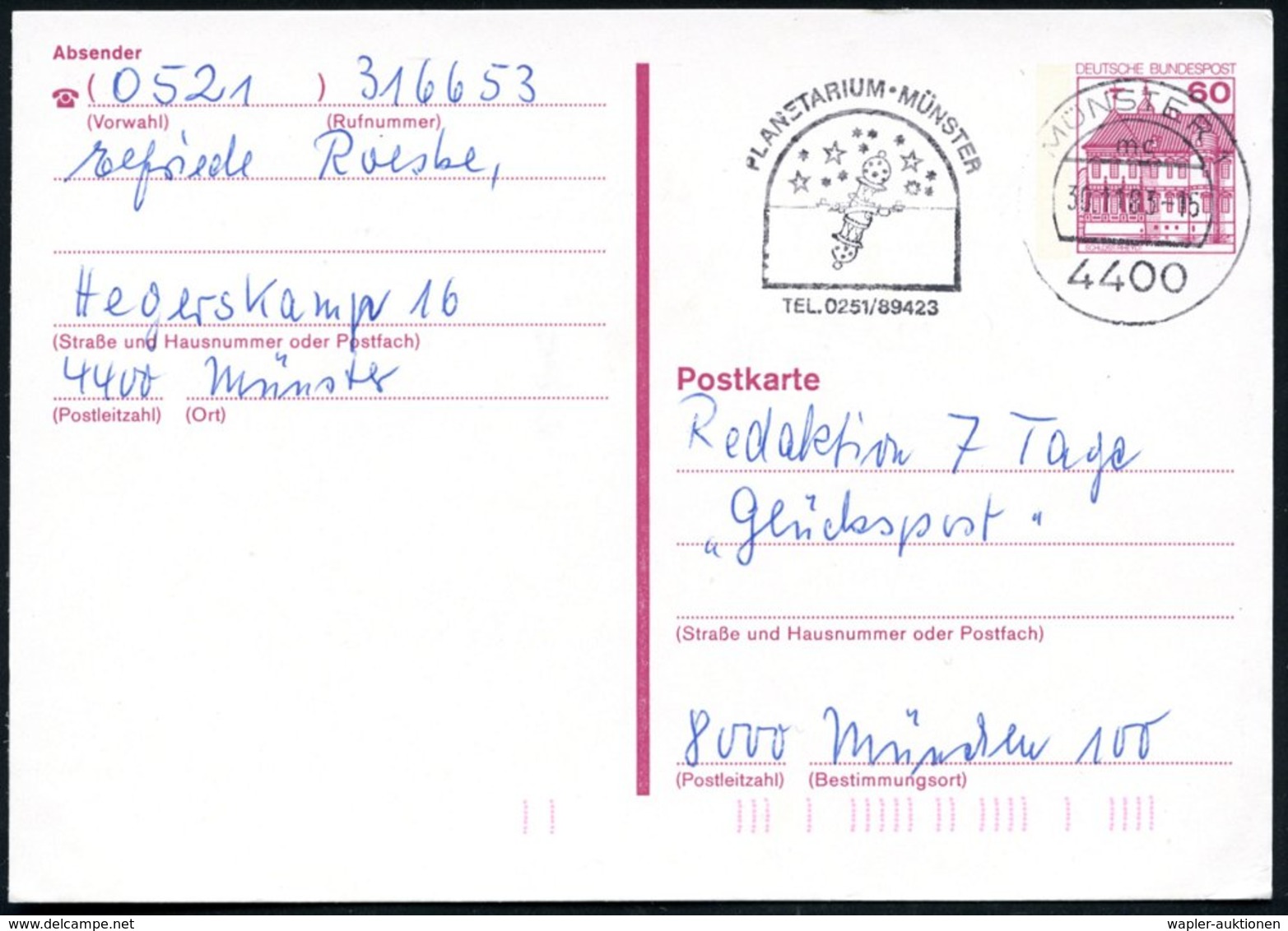 1983 4400 MÜNSTER 1, Maschinen-Werbestempel Planetarium, Bedarfskarte (Bo.173 A I, Nur 1982-83 Verwendet!) - Astronomie  - Sonstige & Ohne Zuordnung