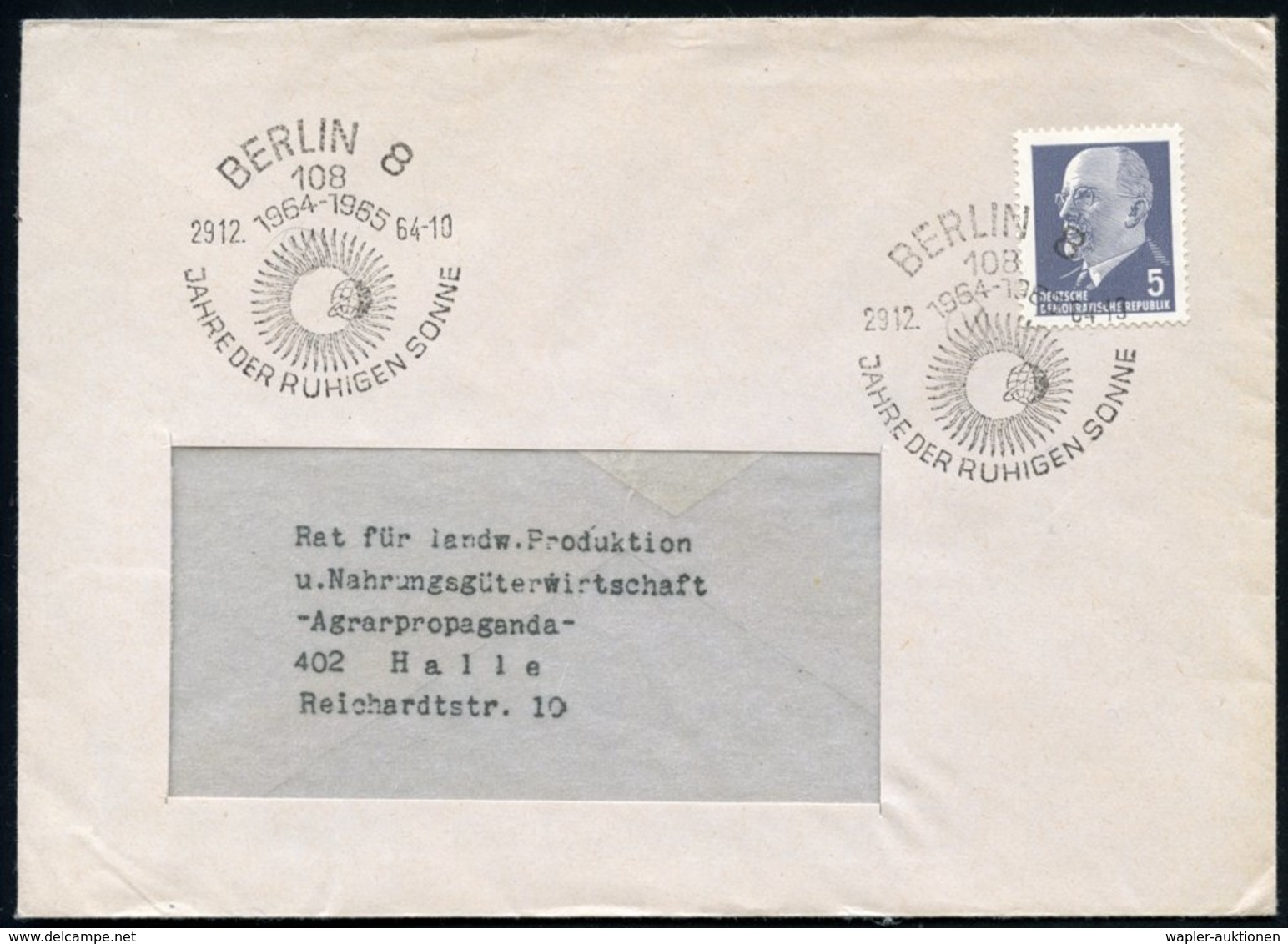 1964 (29.12.) 108 BERLIN 8, Sonderstempel "Jahr Der Ruhigen Sonne" (Sonne), Inl.-Brief - Sonne & Planeten / Sun & Planet - Other & Unclassified