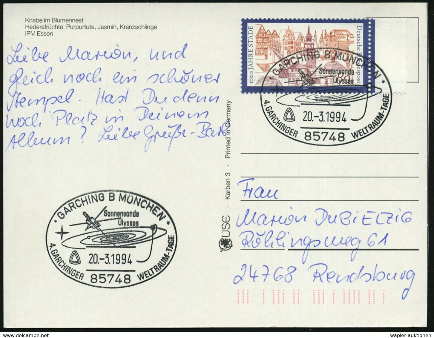 1994 (20.3.) 85748 GARCHING, Sonderstempel Sonnensonde Ulysses (mit Planetenlaufbahnen), Bedarfskarte - Sonne & Planeten - Other & Unclassified