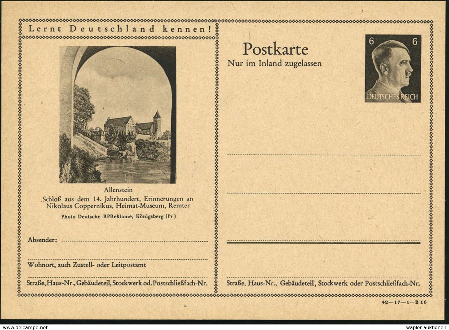 1942 Allenstein, 6 Pf. Bildganzsache Hitler: Schloß.. Wirkungsstätte Von Nikolaus Kopernikus, Ungebr. (Mi.P 307) - Astro - Altri & Non Classificati