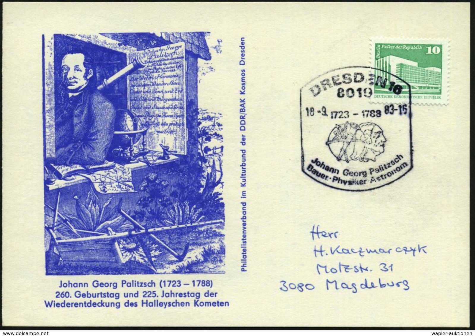 1983 (18.9.) 8016 DRESDEN 16, Sonderstempel Johann Georg Palitzsch Auf Entspr. Inl.-Sonderkarte - Astronomen, Kopernikus - Andere & Zonder Classificatie