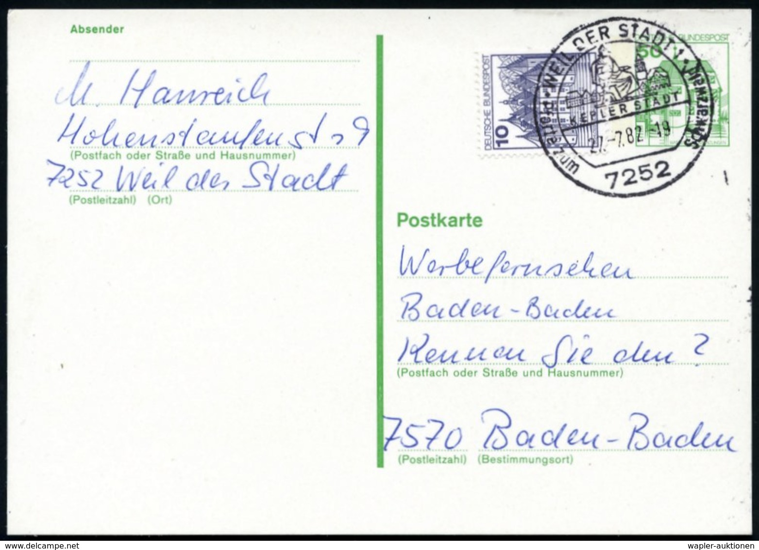 1982 (Juli) 7252 WEIL DER STADT/  KEPLERSTADT, Handwerbestempel Mit Kepler-Denkmal, Bedarfskarte (Bo.3) - Astronomen, Ko - Other & Unclassified