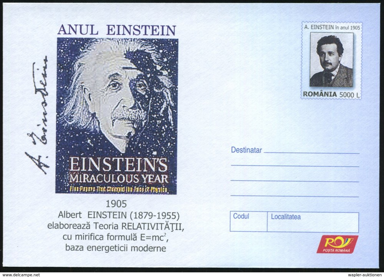 2005 RUMÄNIEN, 5000 L. Sonder-Ganzsachenumschlag EINSTEIN-JAHR (= Kopf Einsteins Vor Weltall), Ungebr. - Astronomen, Kop - Other & Unclassified