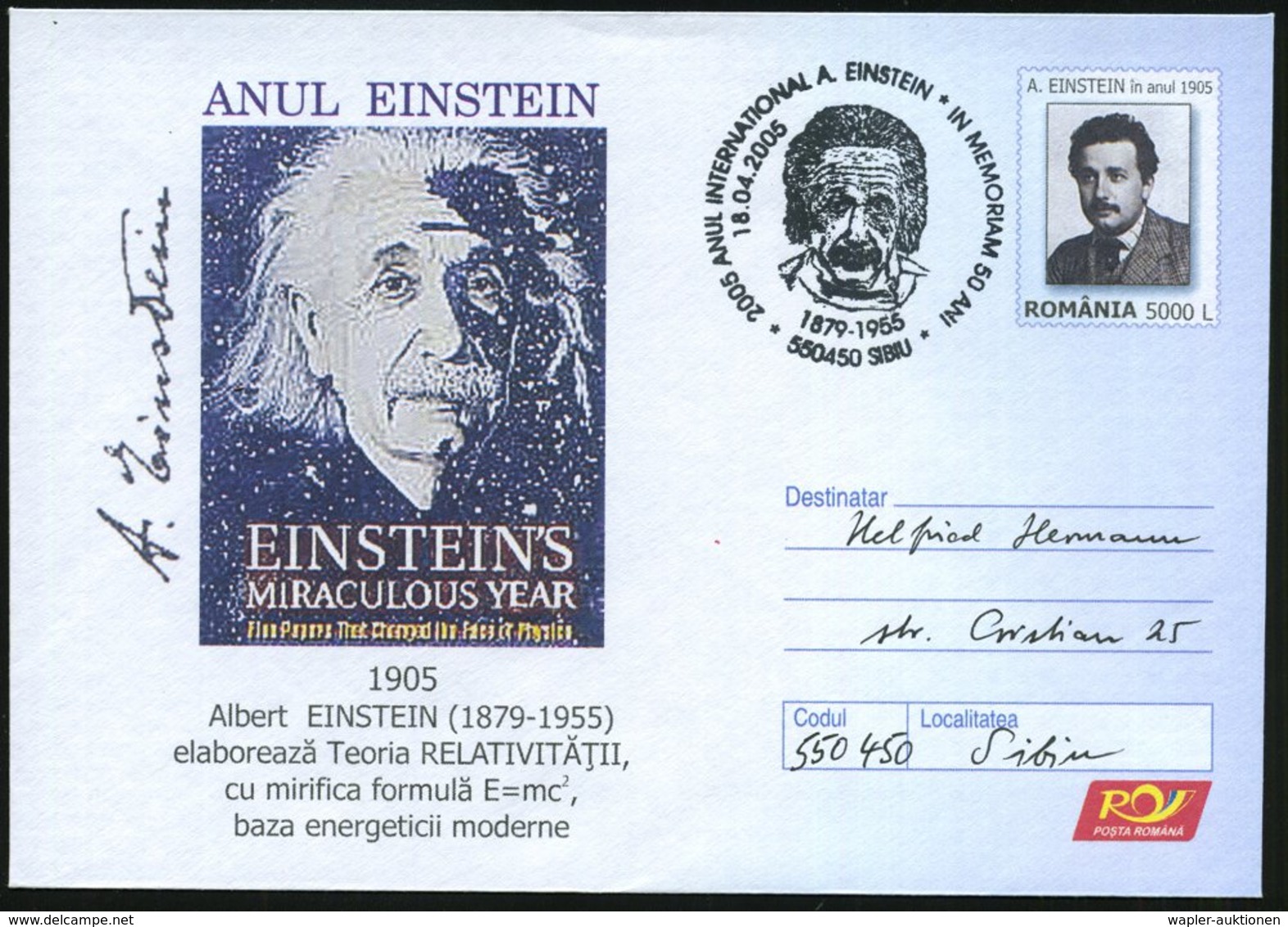 2005 (18.4.) RUMÄNIEN, 5000 L. Sonder-Ganzsachenumschlag EINSTEIN-JAHR (= Kopf Einsteins Vor Weltall) + Sonderstempel 55 - Sonstige & Ohne Zuordnung