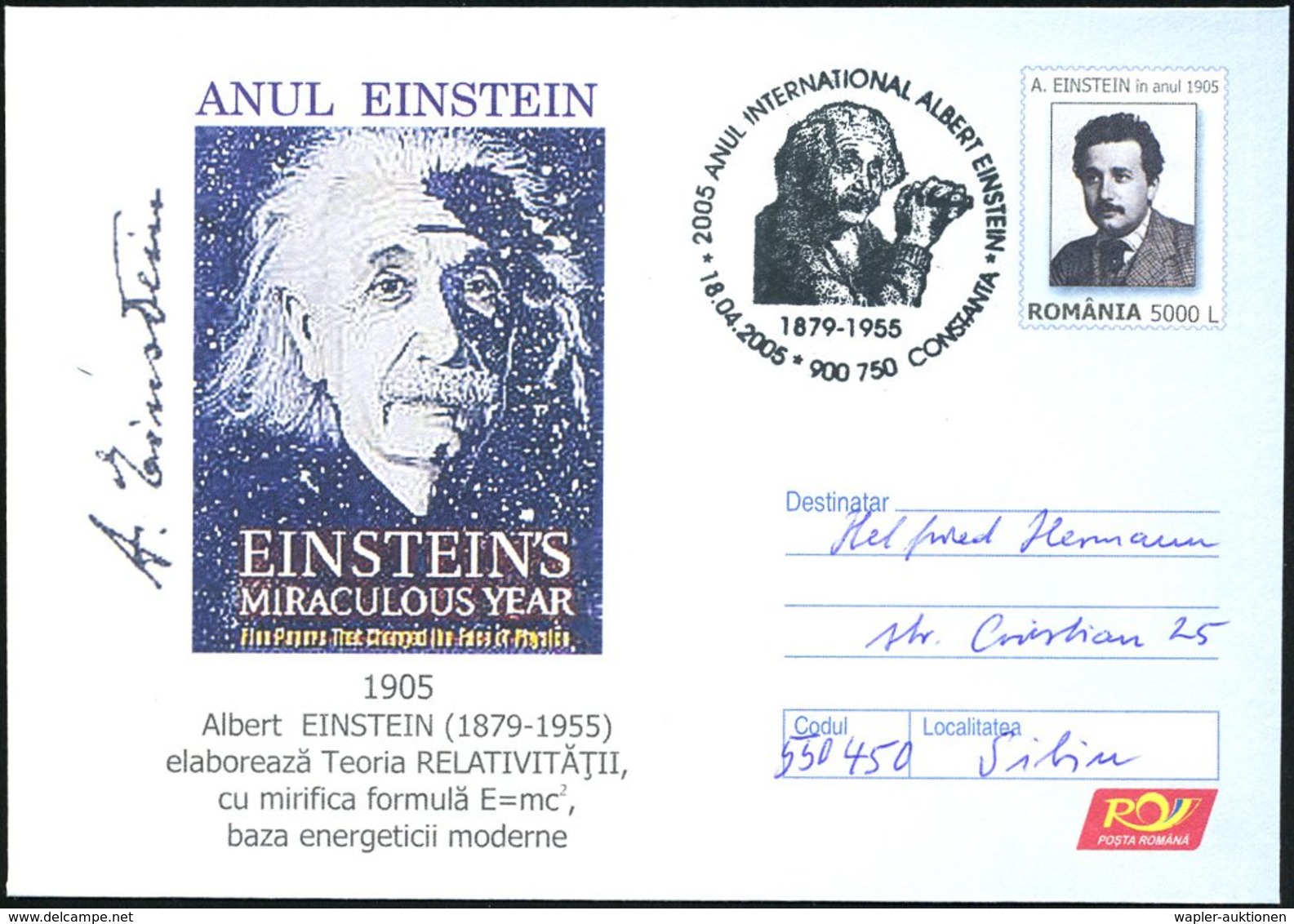 2005 (18.4.) RUMÄNIEN, 5000 L. Sonder-Ganzsachenumschlag EINSTEIN-JAHR (= Kopf Einsteins Vor Weltall) + Sonderstempel 90 - Other & Unclassified