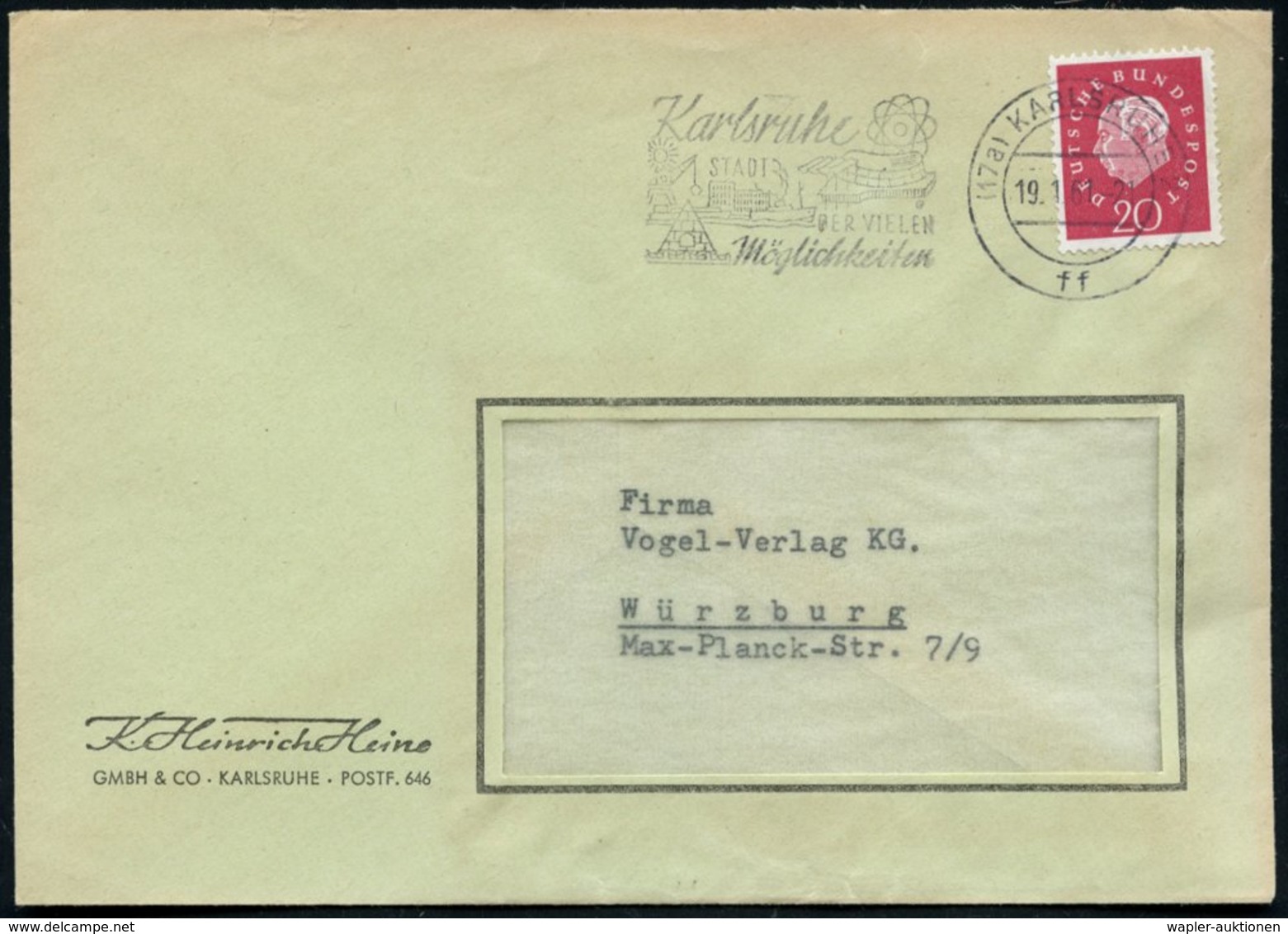 1957/61 (17 A) KARLSRUHE, Motivgleiche Absenderstempel Bzw. Maschinen-Werbestempel Mit Atom-Modell Etc., 2 Belege (Bo.67 - Other & Unclassified