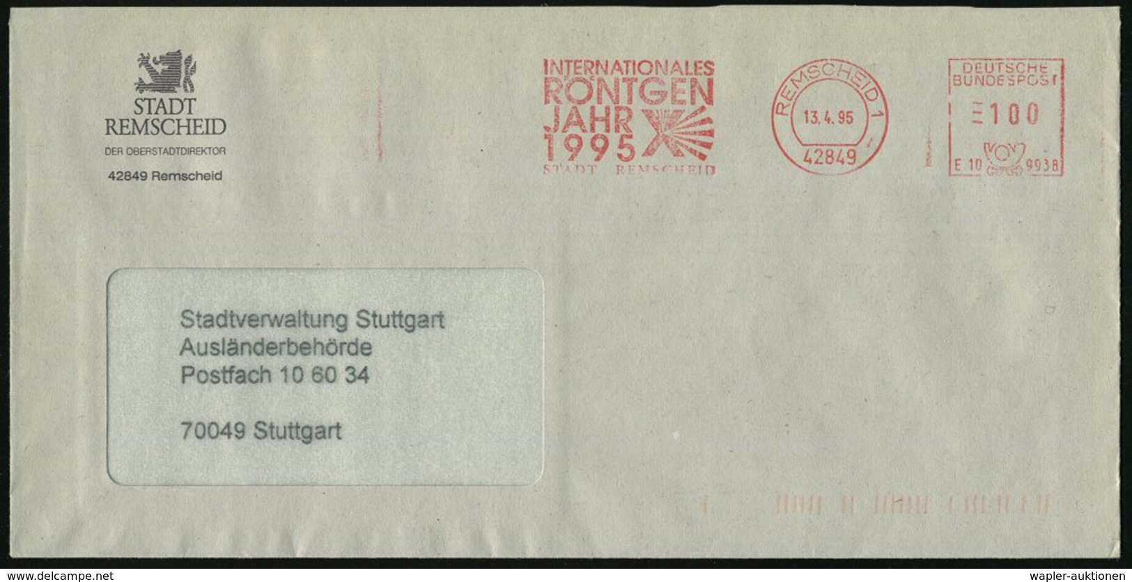 1995 42849 REMSCHEID 1, Jubil.-Absender-Freistempel Internat. Röntgten-Jahr (X-Strahlen) Kommunalbrief - Atom & Radioakt - Otros & Sin Clasificación