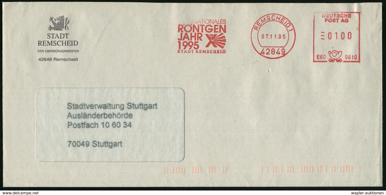 1995 42849 REMSCHEID 1, Jubil.-Absender-Freistempel "Deutsche Post AG" Internat. Röntgten-Jahr (X-Strahlen), Kommunalbri - Other & Unclassified