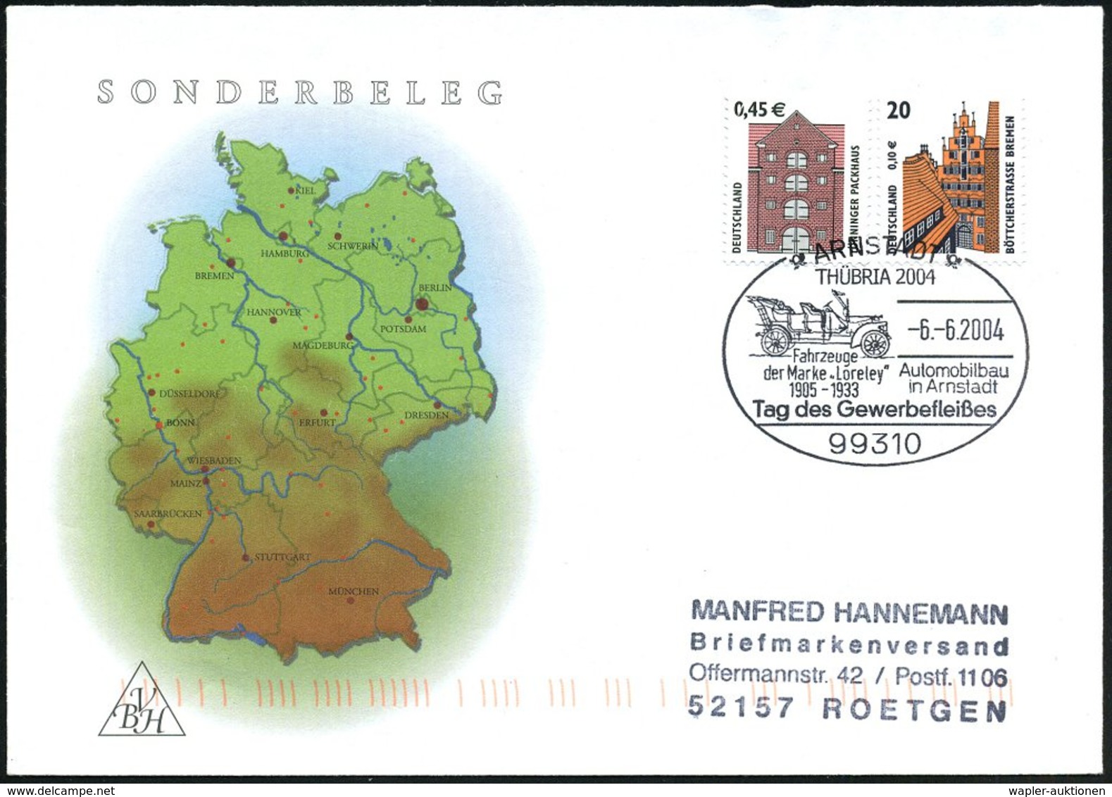 2004 (6.6.) 99310 ARNSTADT, Sonderstempel Automobil Marke "Loreley" (190533) THÜBRIA 2004 Inl.-Brief - Autopioniere & Ol - Other & Unclassified