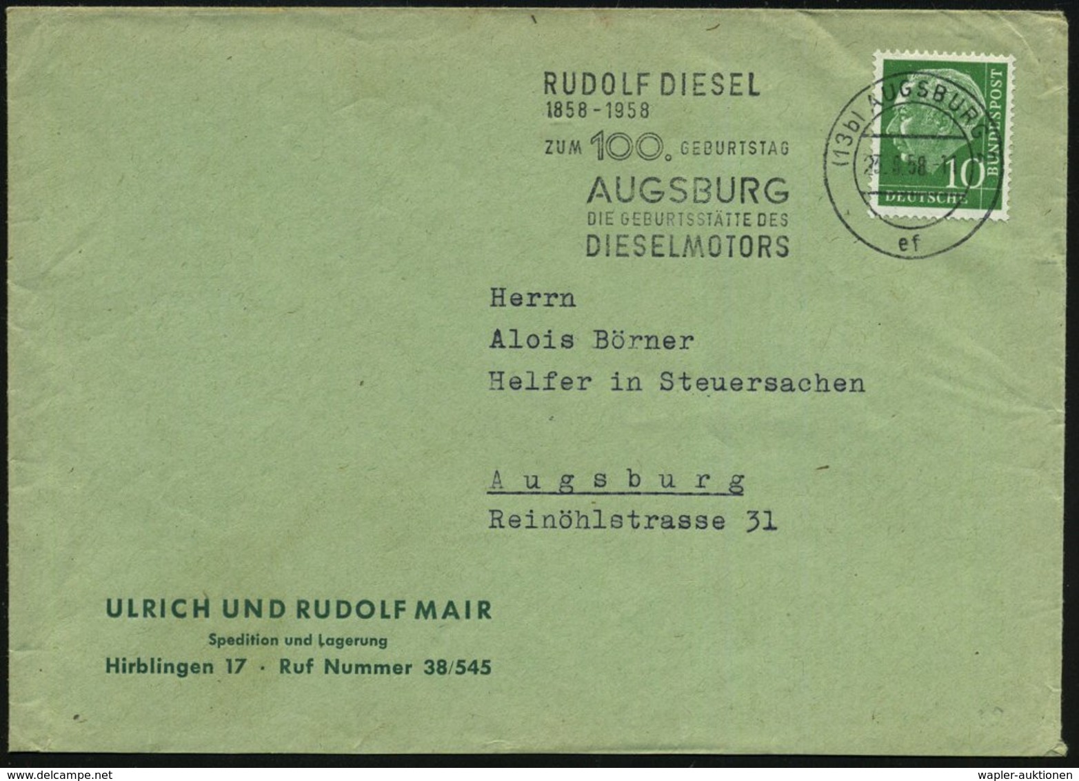 1958 (13 B) AUGSBURG 2, Maschinenwerbestempel RUDOLF DIESEL 100. Geburtstag, Firmenbrief (Bo.39 A VI = UB "e F") - Autop - Other & Unclassified