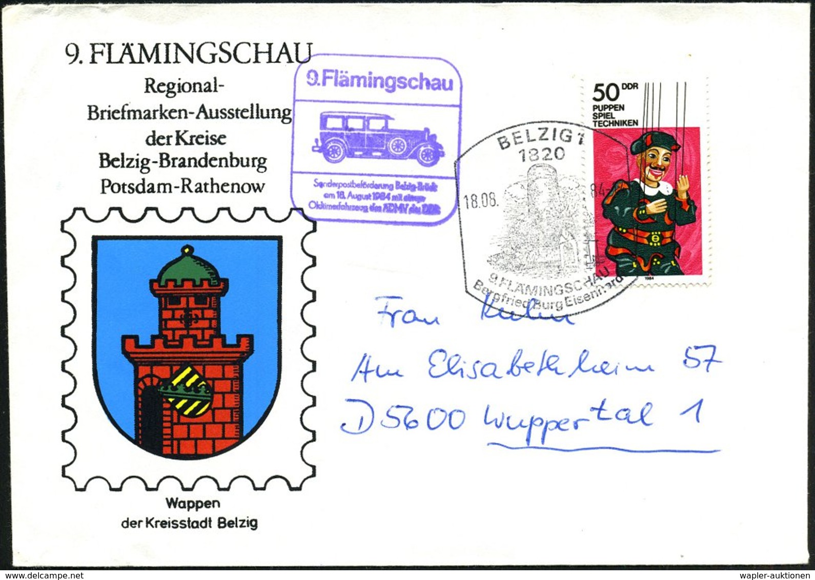 1984 (18.8.) 1820 BELZIG 1, Sonderstempel 9. Flämingschau (Burg Eisenhart) + Viol. HdN: Sonderpostbeförderung Mit Oldtim - Other & Unclassified